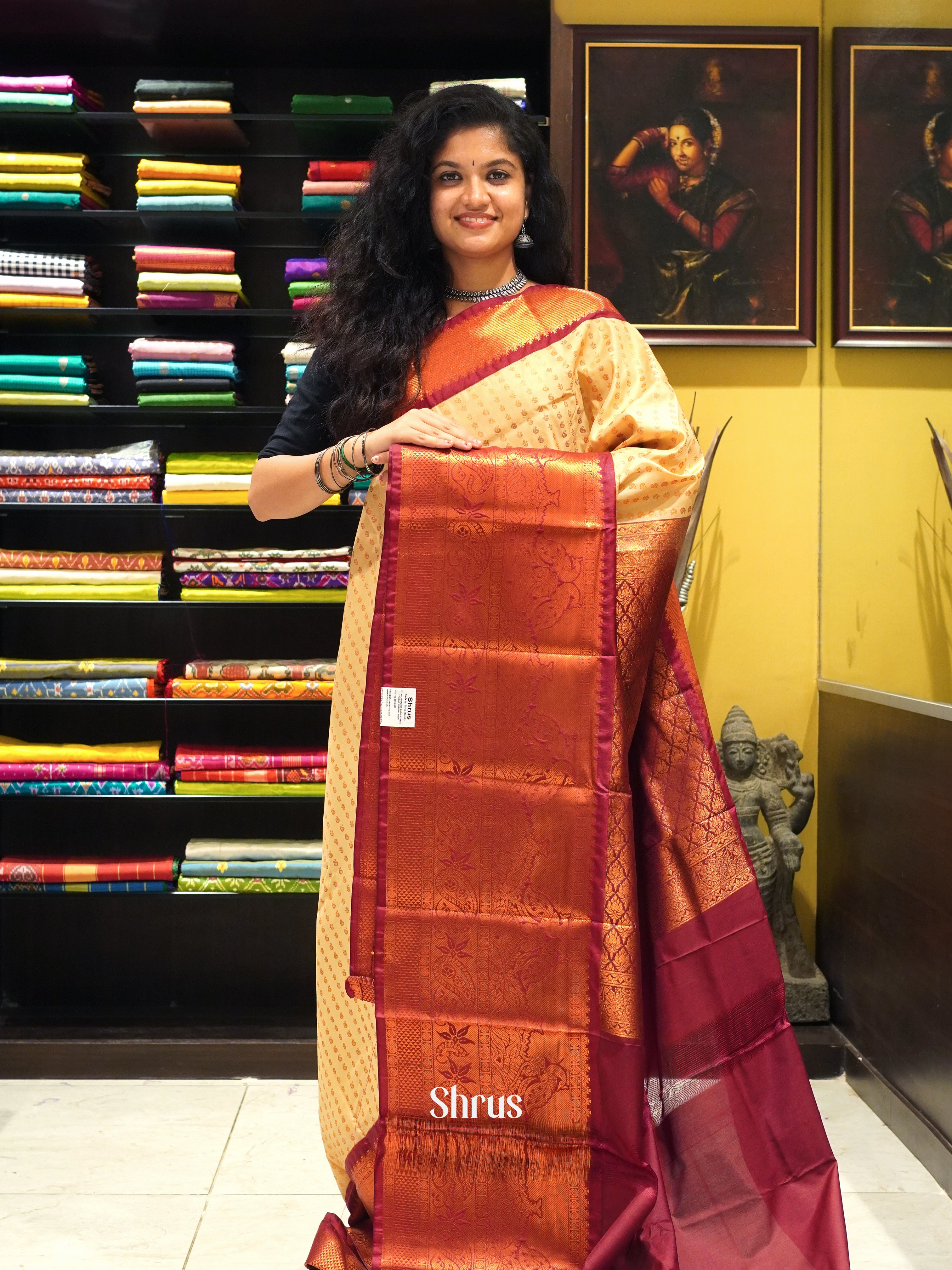 Beige & Maroon - Semi Kanchipuram Saree - Shop on ShrusEternity.com