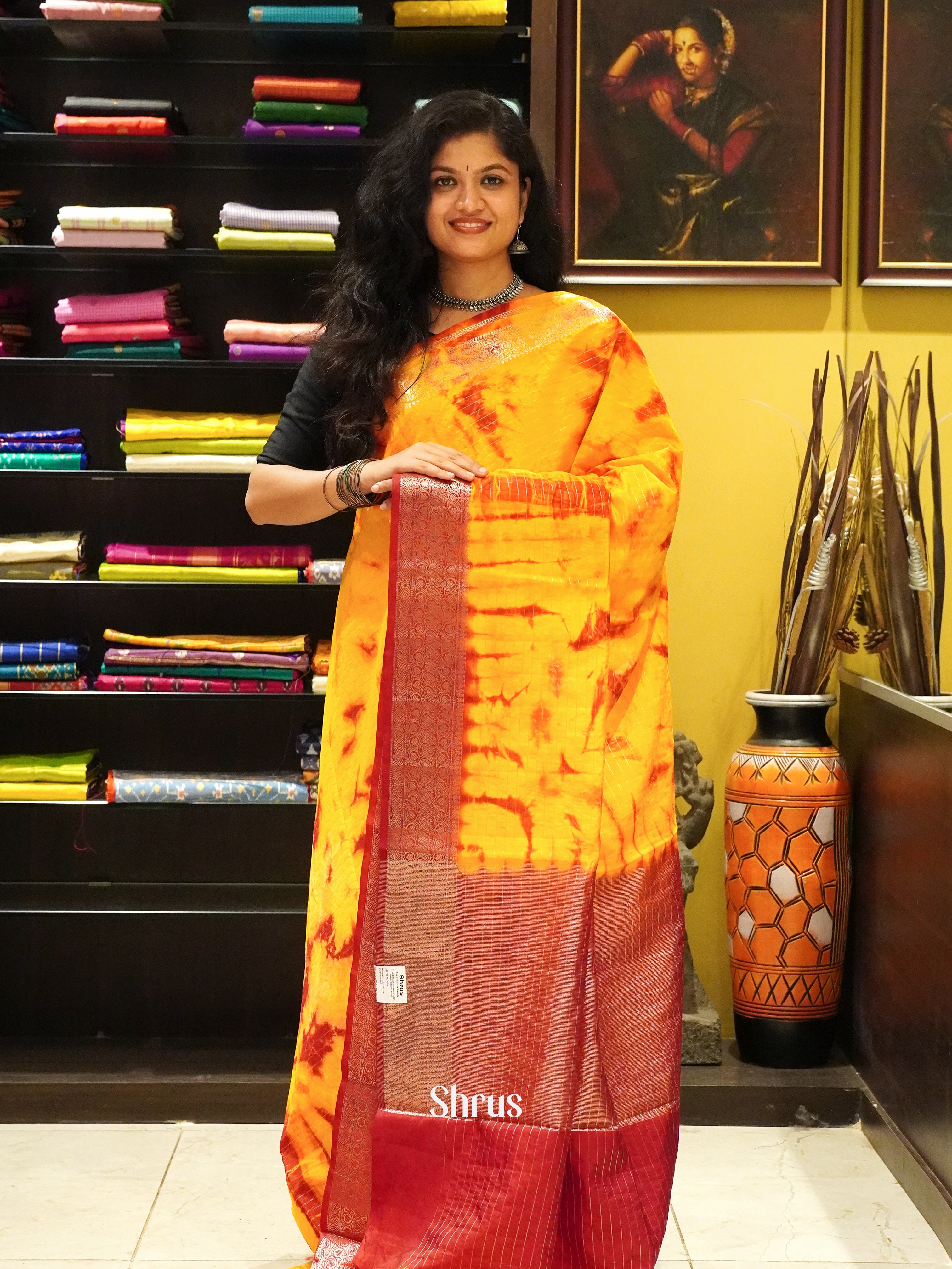 Yellow & Red - Semi dupion Saree - Shop on ShrusEternity.com
