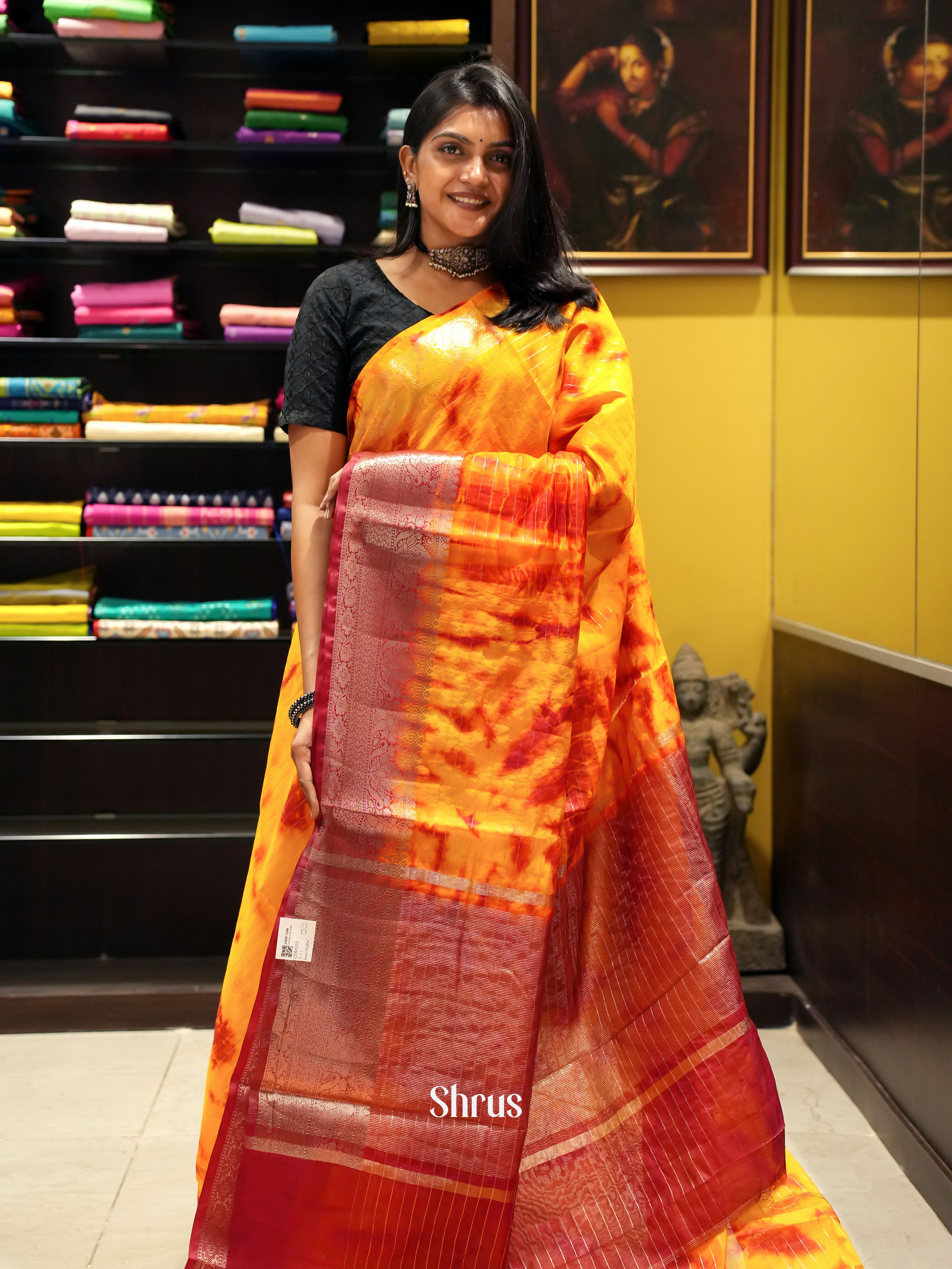 Yellow & Red - Semi Dupion Saree - Shop on ShrusEternity.com