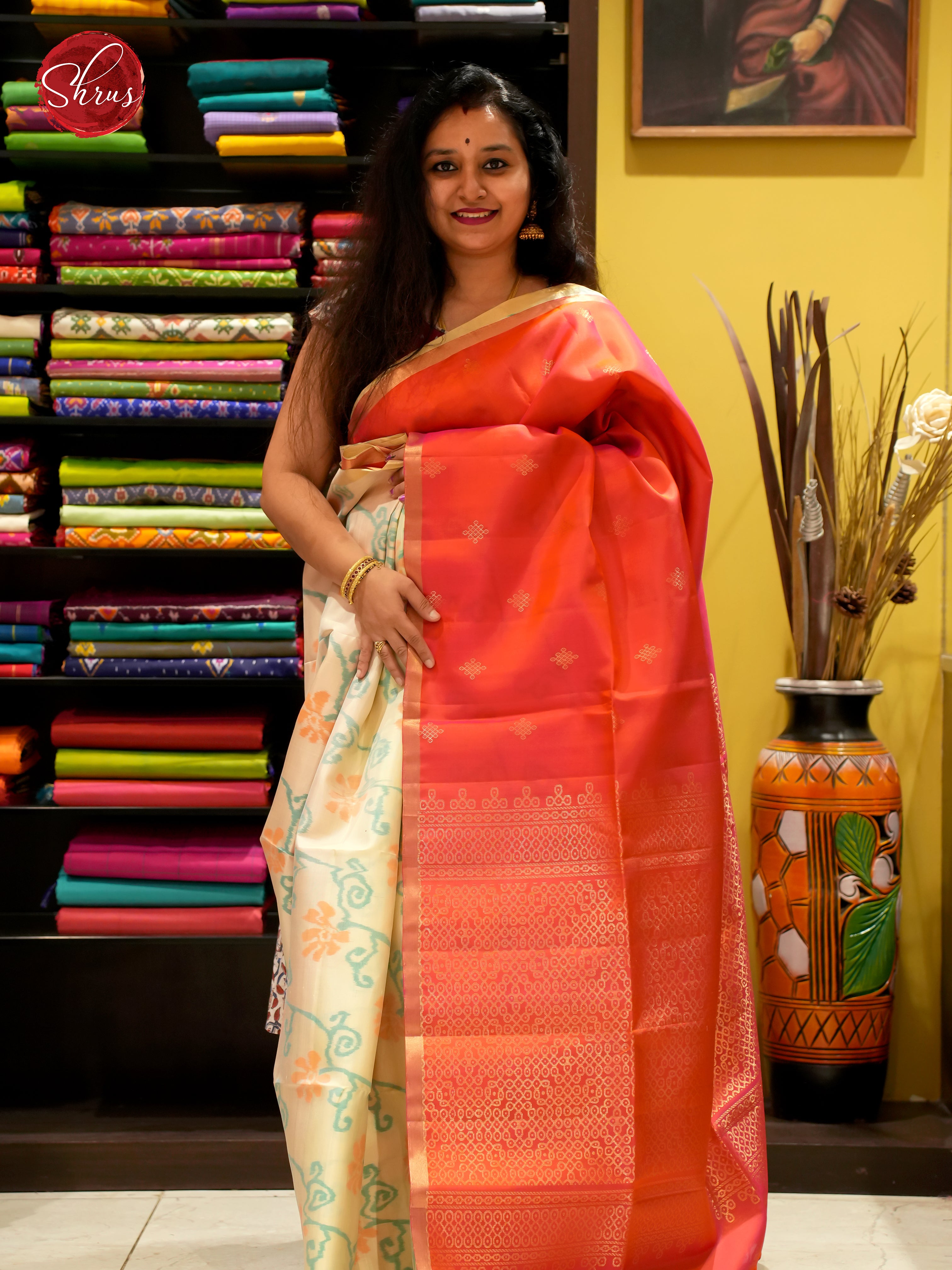 Orangish Pink And Cream- Soft Silk Saree - Shop on ShrusEternity.com
