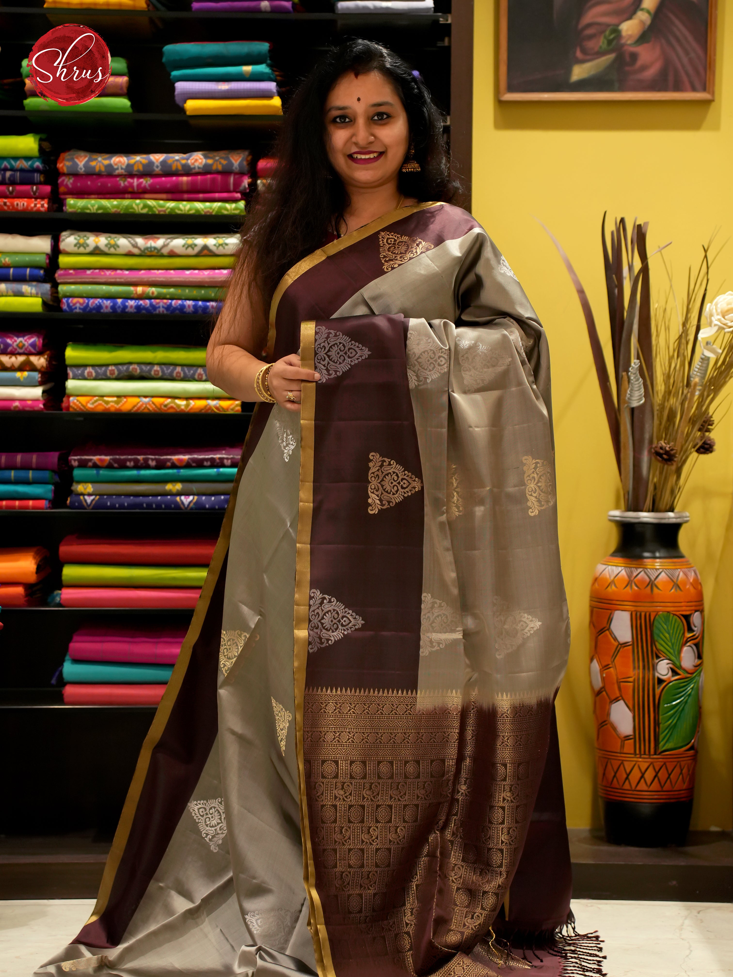 Grey And Brown- Soft Silk Saree - Shop on ShrusEternity.com