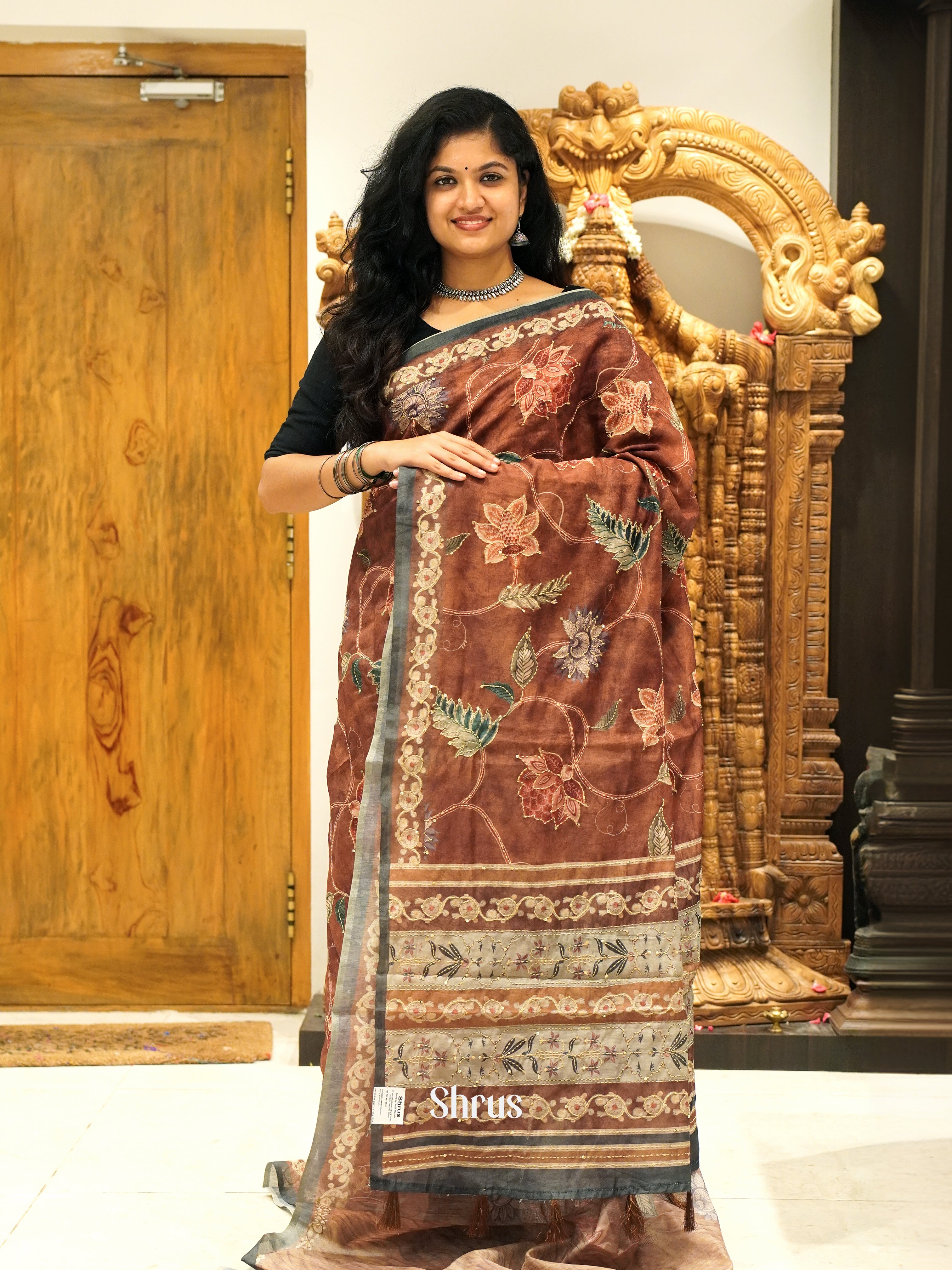 Brown - Semi Kantha Saree - Shop on ShrusEternity.com