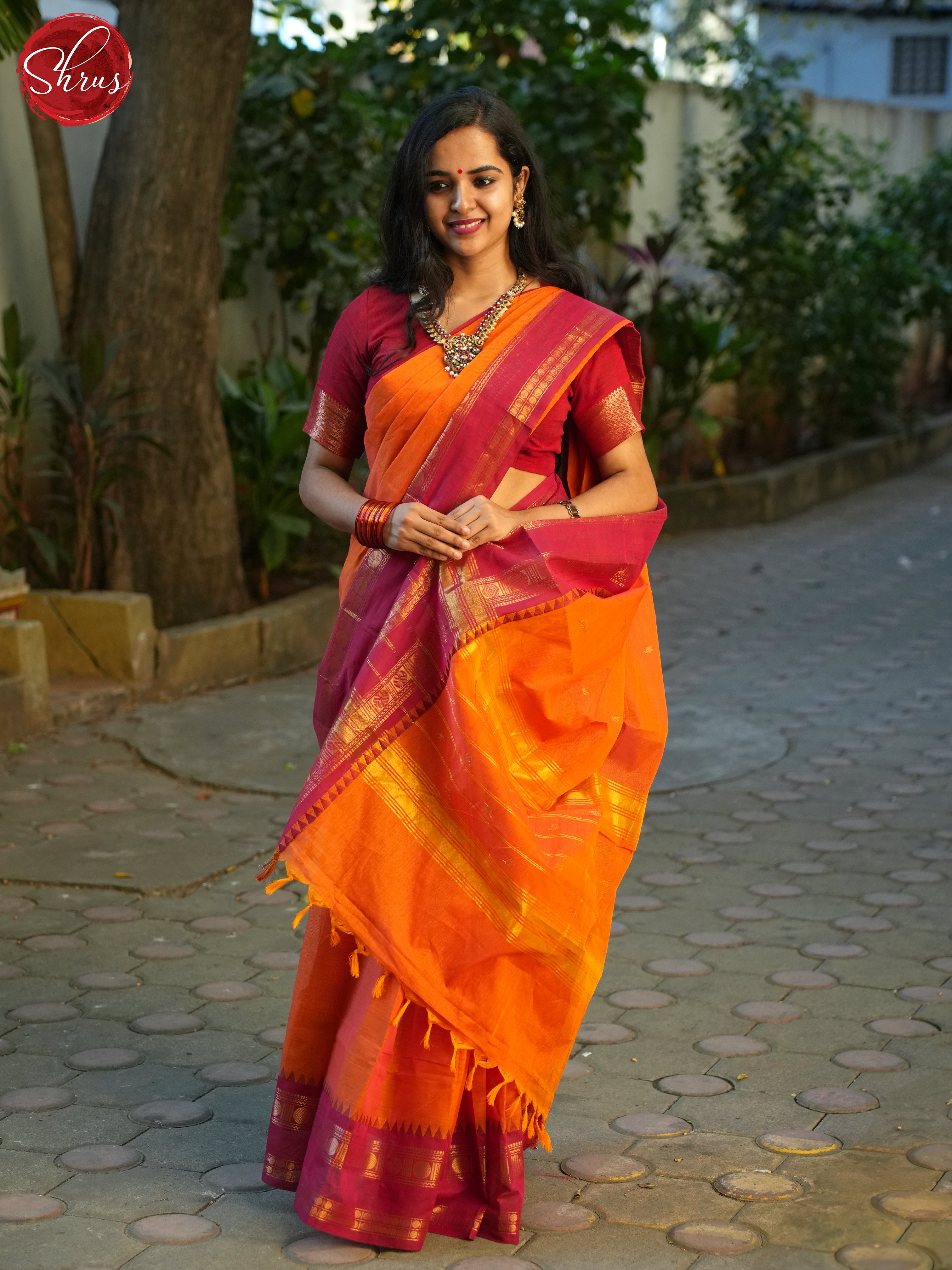 Orange & Maroon - Chettinad Cotton Saree - Shop on ShrusEternity.com