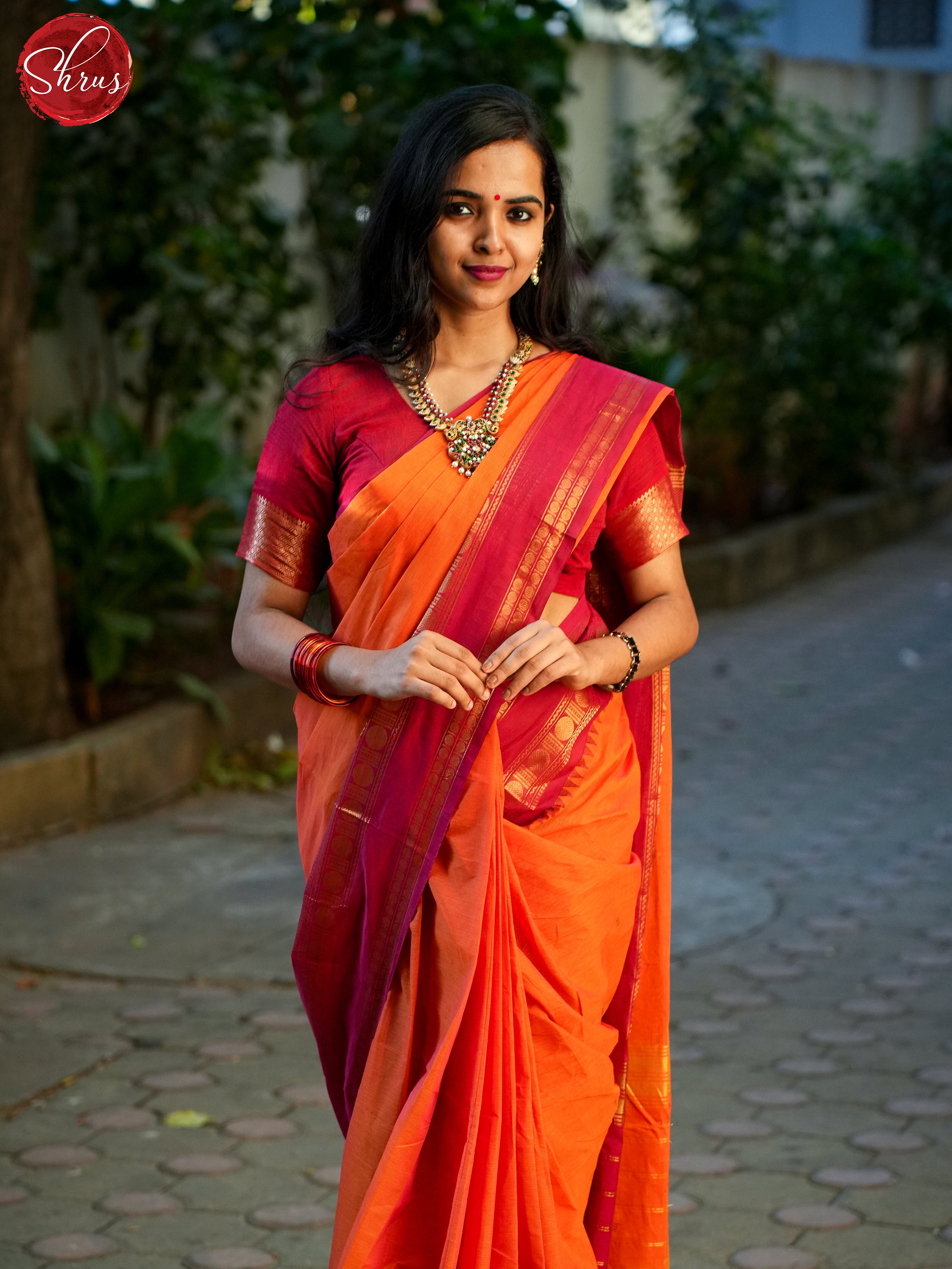 Orange & Maroon - Chettinad Cotton Saree - Shop on ShrusEternity.com