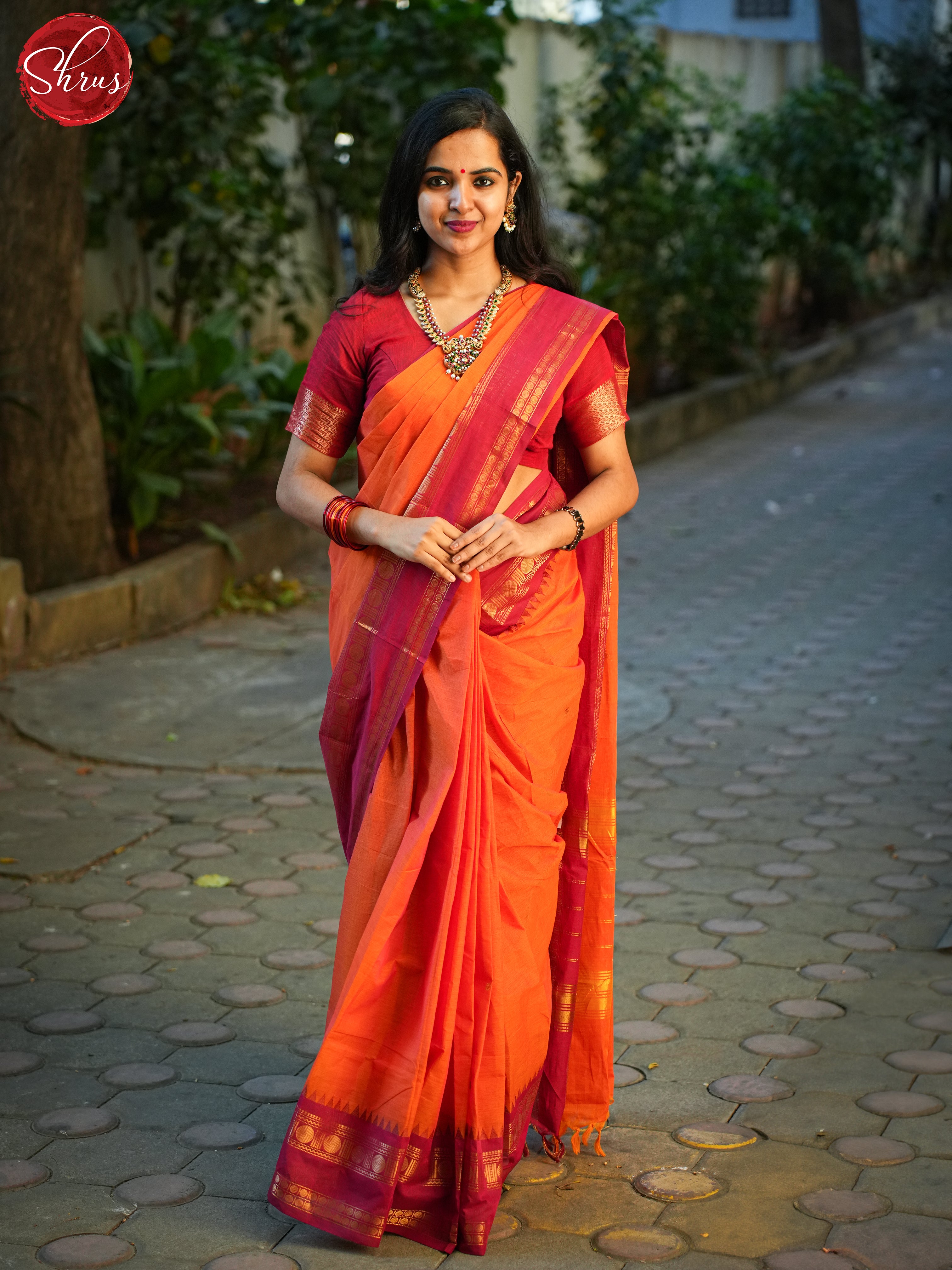 Orange & Maroon - Chettinad Cotton Saree - Shop on ShrusEternity.com
