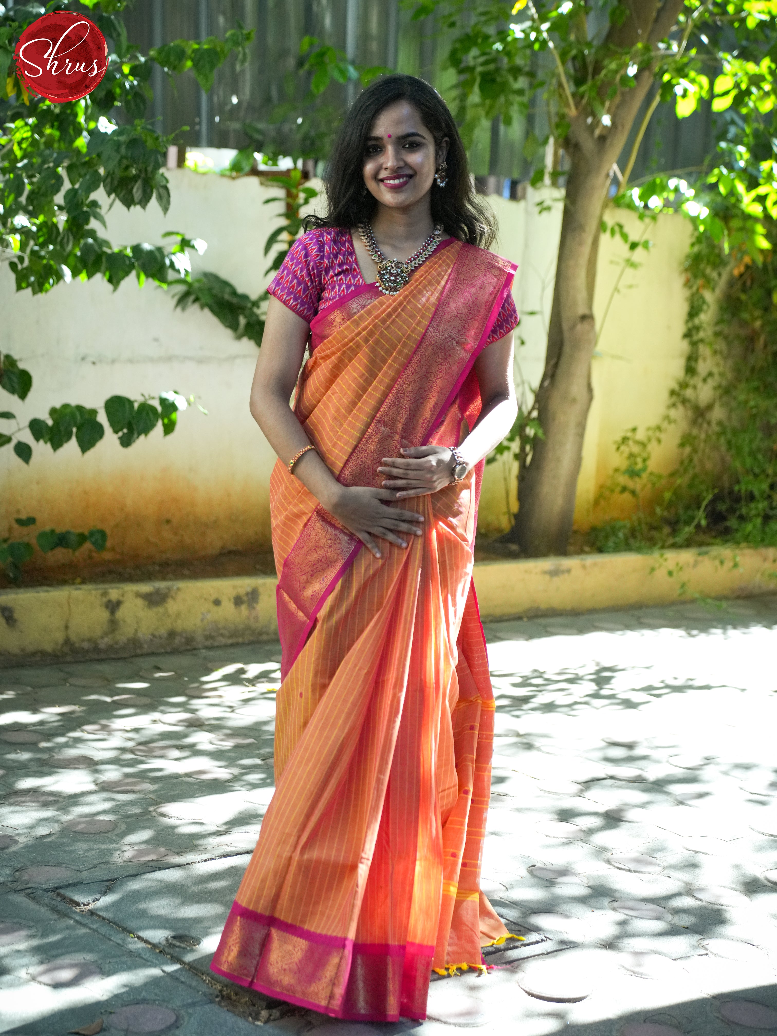 Orange & Pink - Chettinad Cotton Saree - Shop on ShrusEternity.com