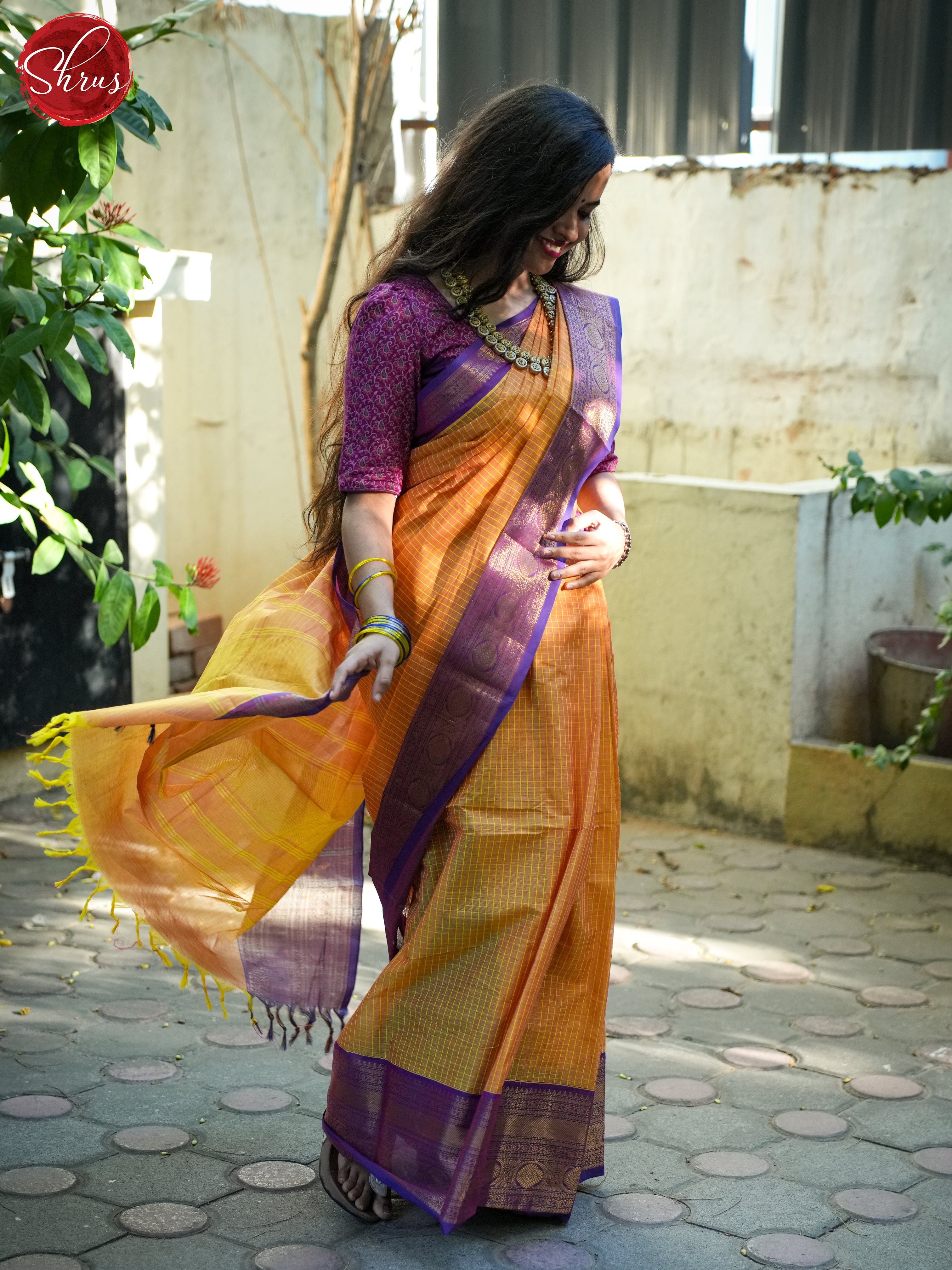 Orange & Purple - Chettinad Cotton Saree - Shop on ShrusEternity.com