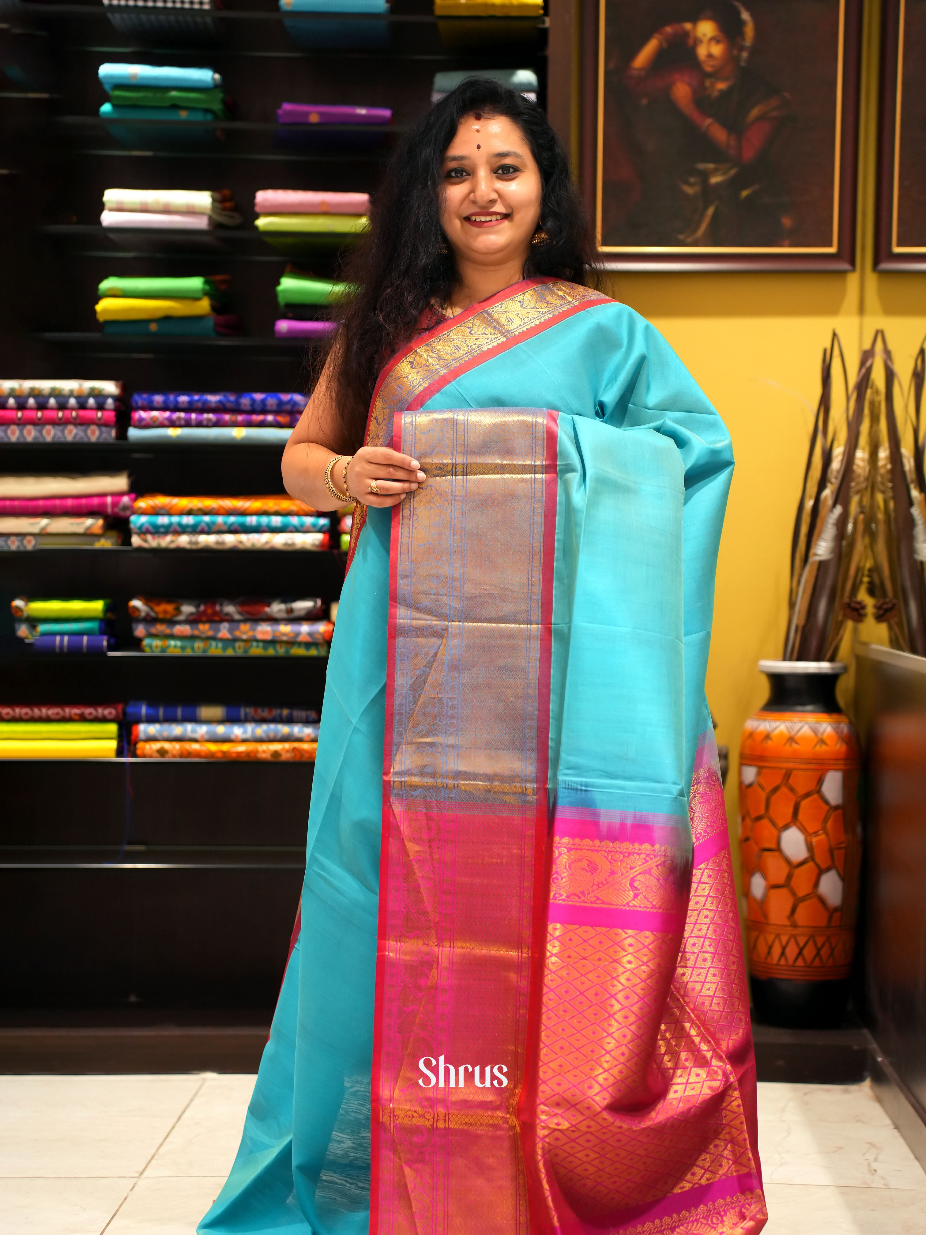 Blue And Pink- Silk Cotton Saree - Shop on ShrusEternity.com