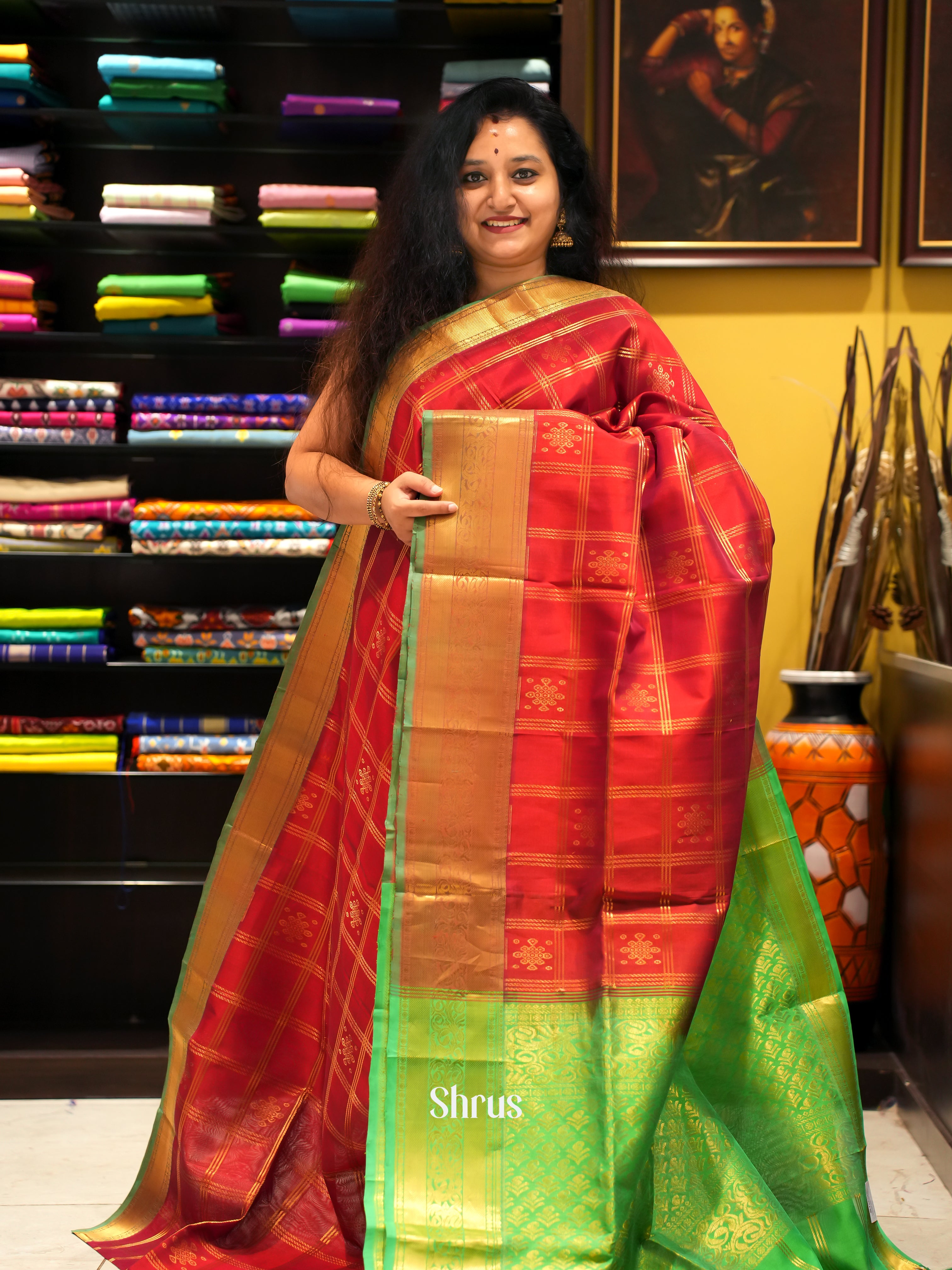 Red And Green- Silk Cotton Saree - Shop on ShrusEternity.com