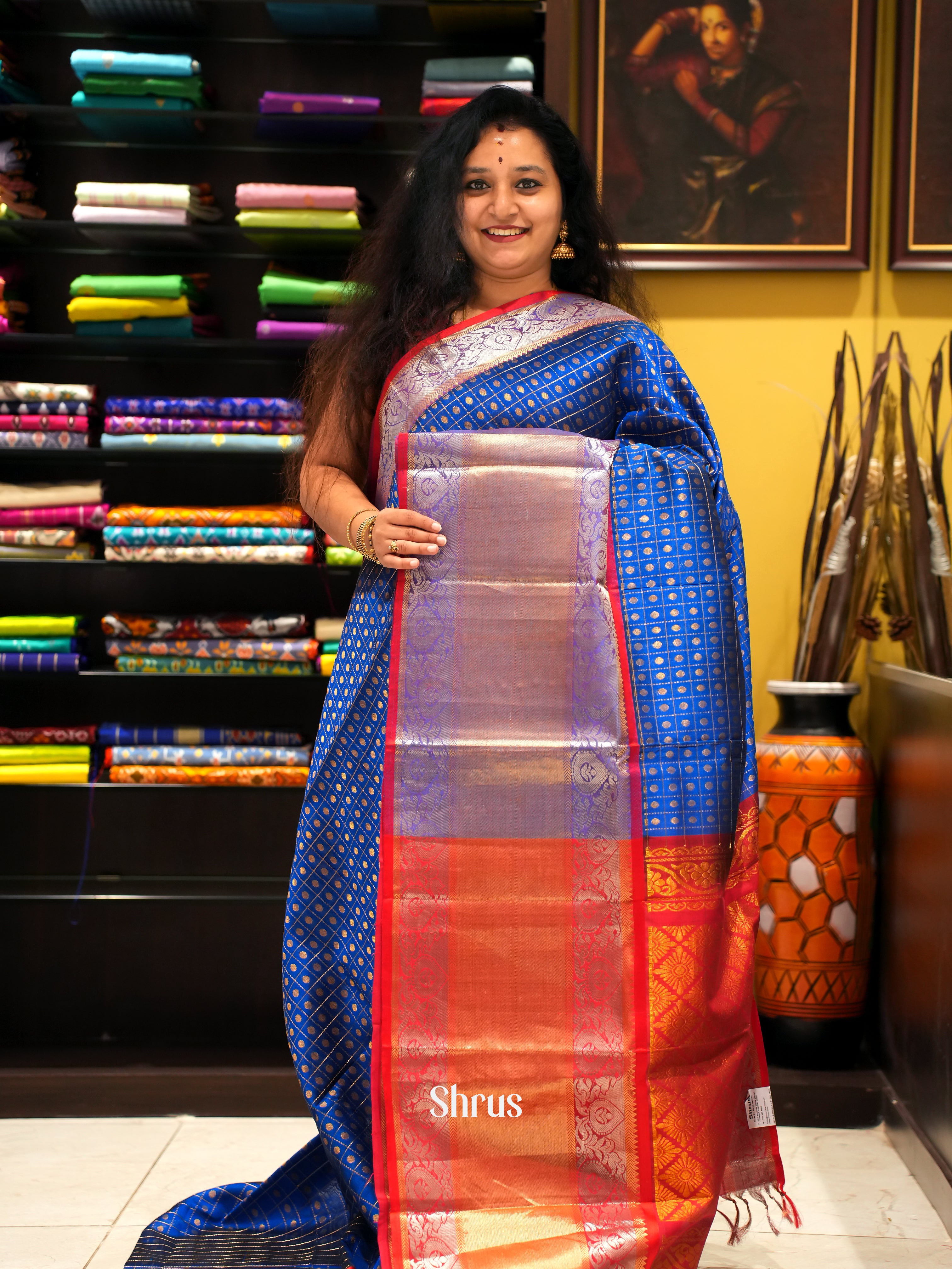 Blue And Red- Silk Cotton Saree - Shop on ShrusEternity.com