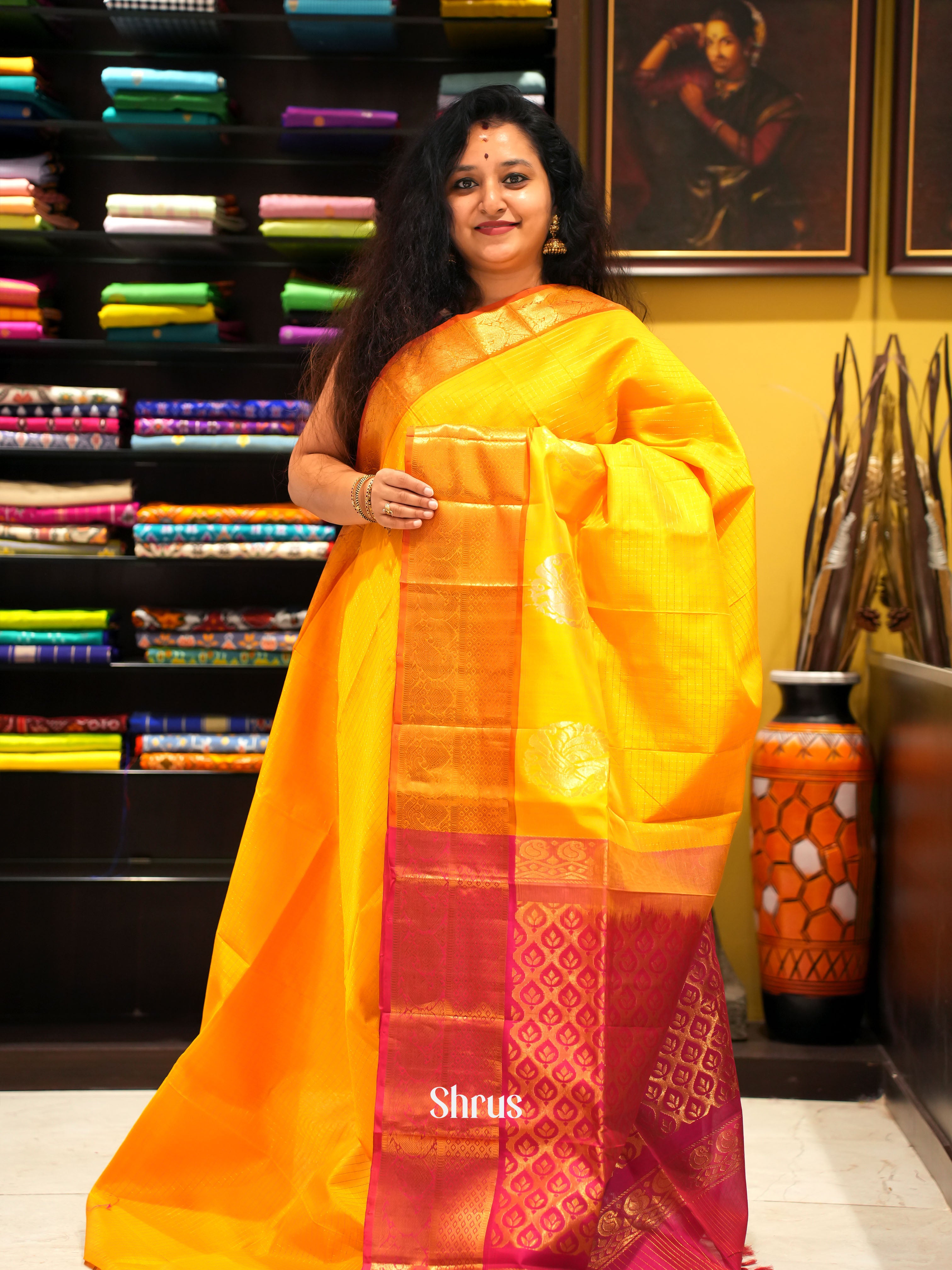Yellow And Red-Silk Cotton Saree - Shop on ShrusEternity.com