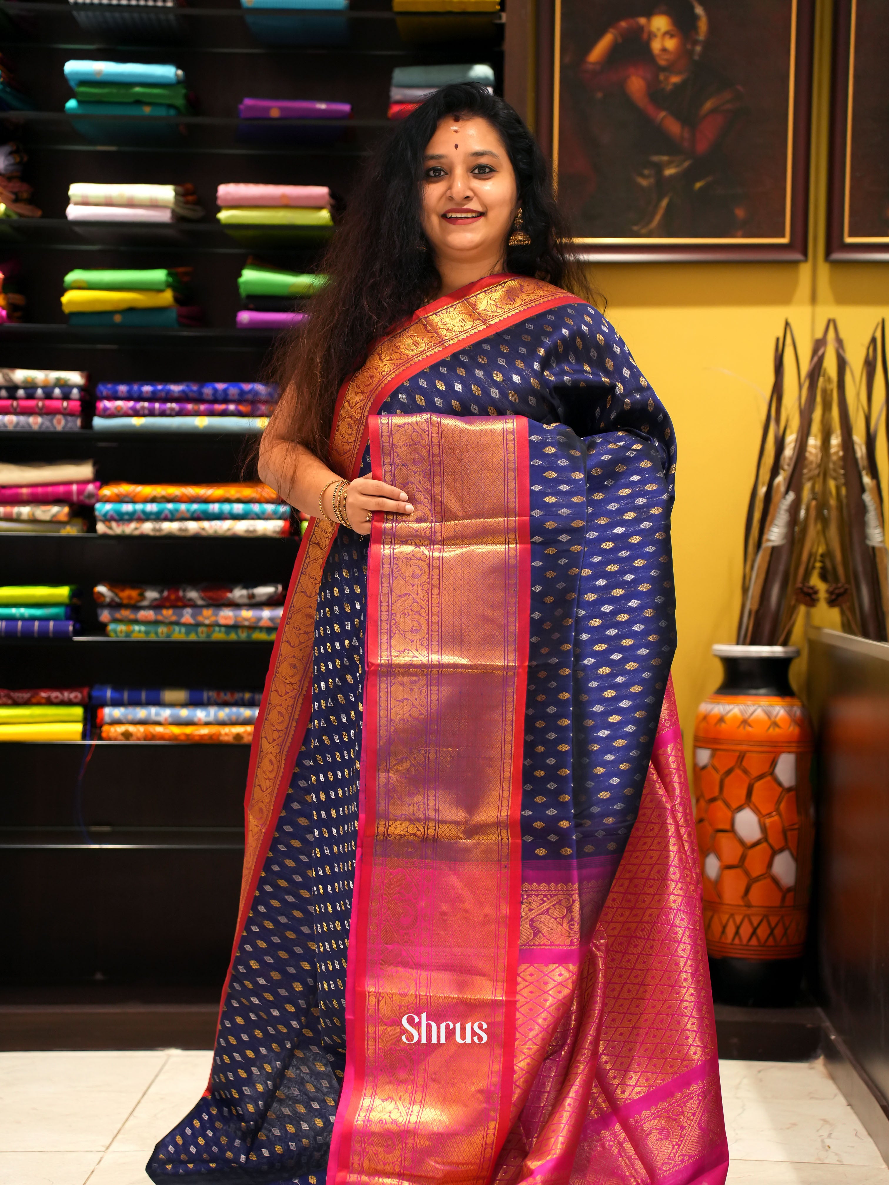Blue And Pink- Silk Cotton Saree - Shop on ShrusEternity.com
