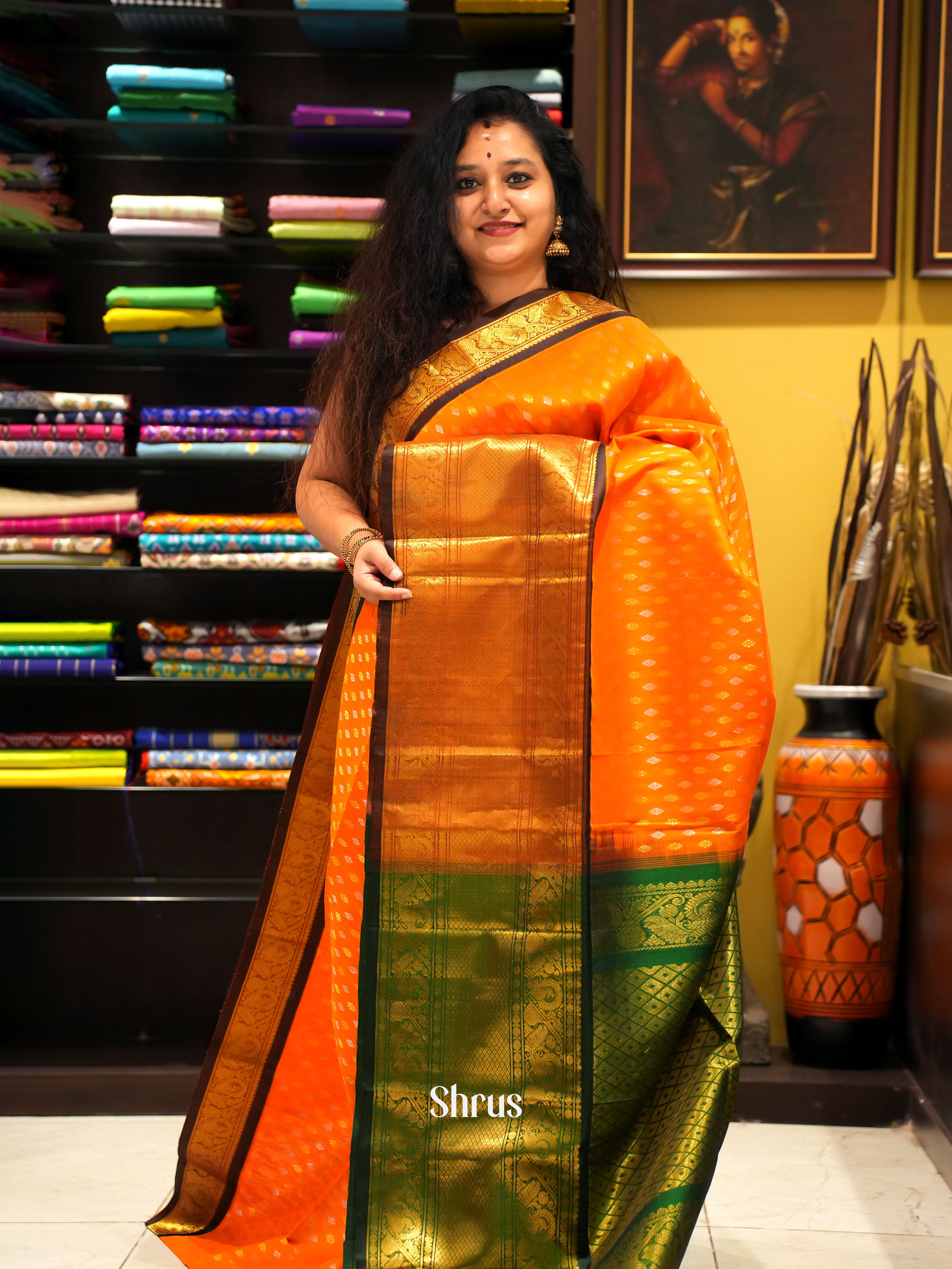 Orange And Green- Silk Cotton Saree - Shop on ShrusEternity.com