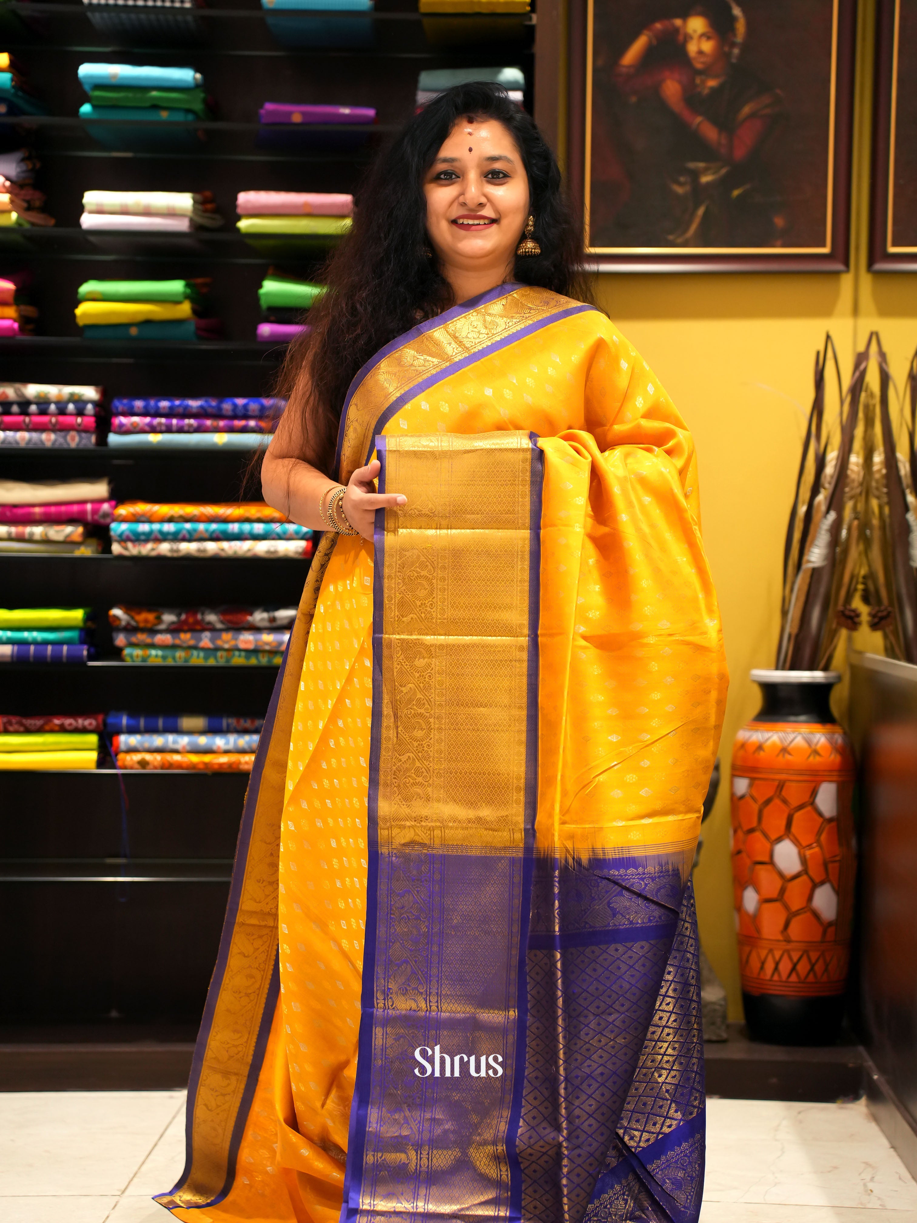 Mustard And Blue- Silk Cotton Saree - Shop on ShrusEternity.com