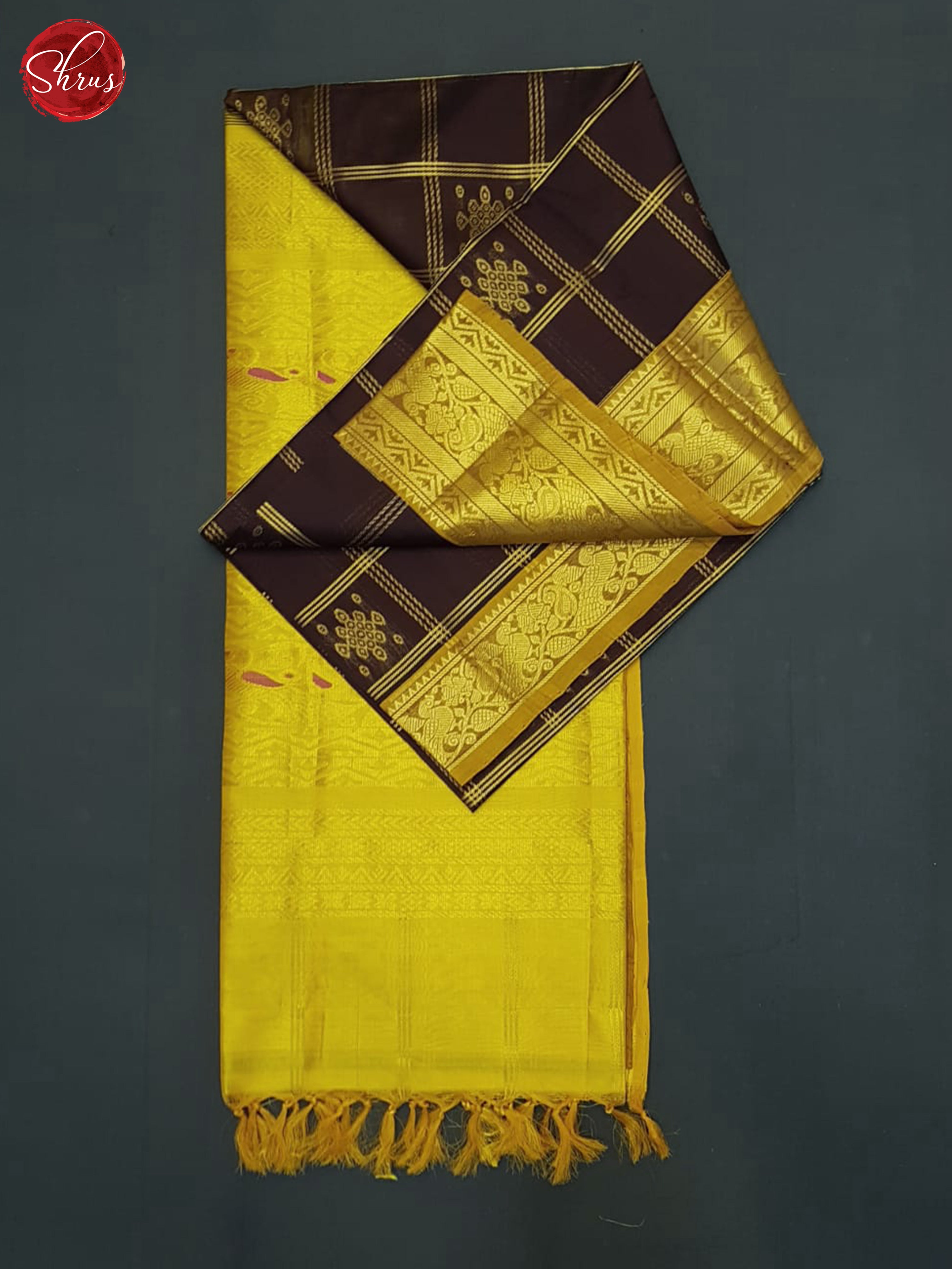 Brown And Mambala Yellow- Silk Cotton Saree - Shop on ShrusEternity.com