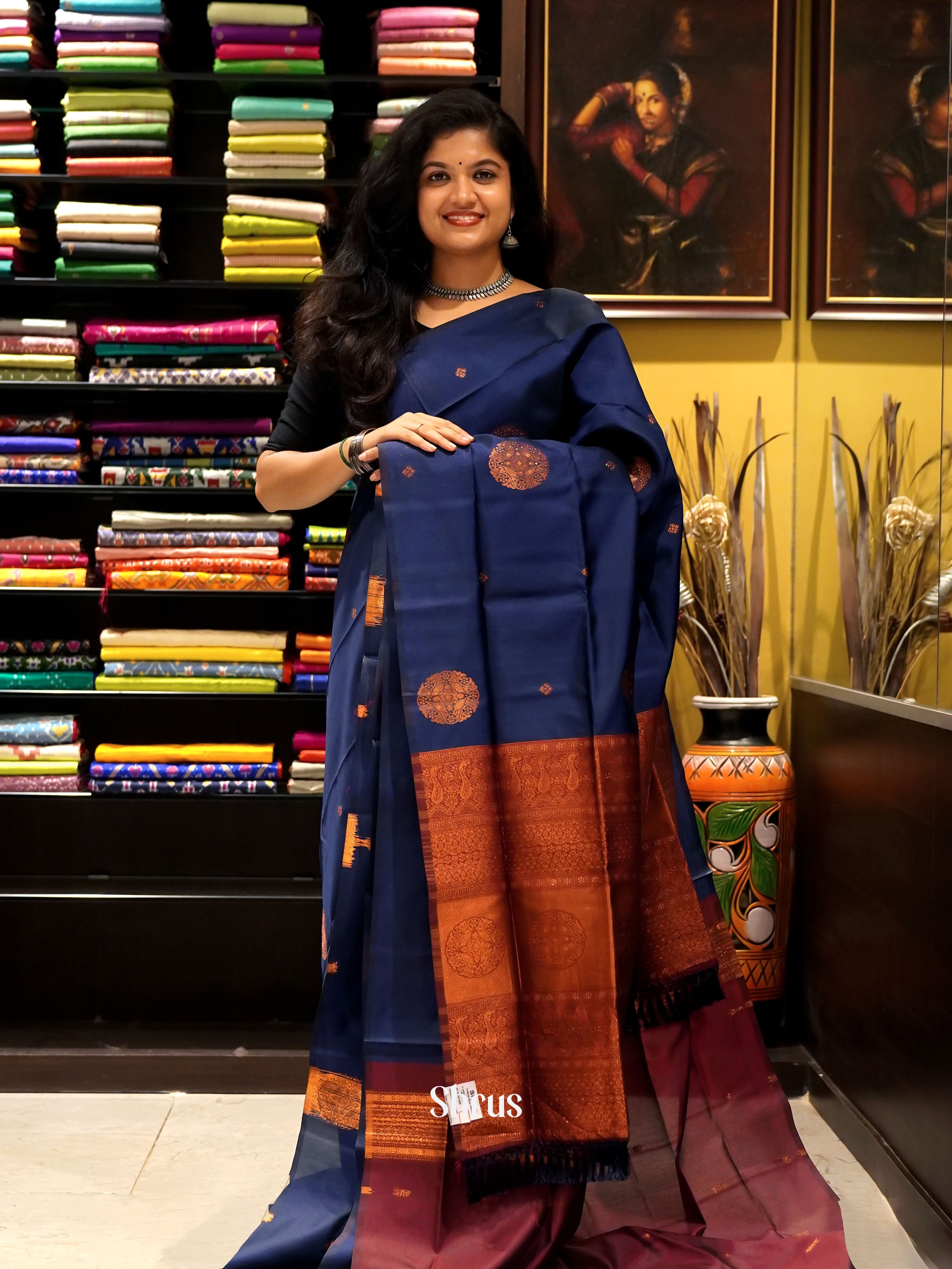 Blue & Maroon- Semi Softsilk Saree - Shop on ShrusEternity.com
