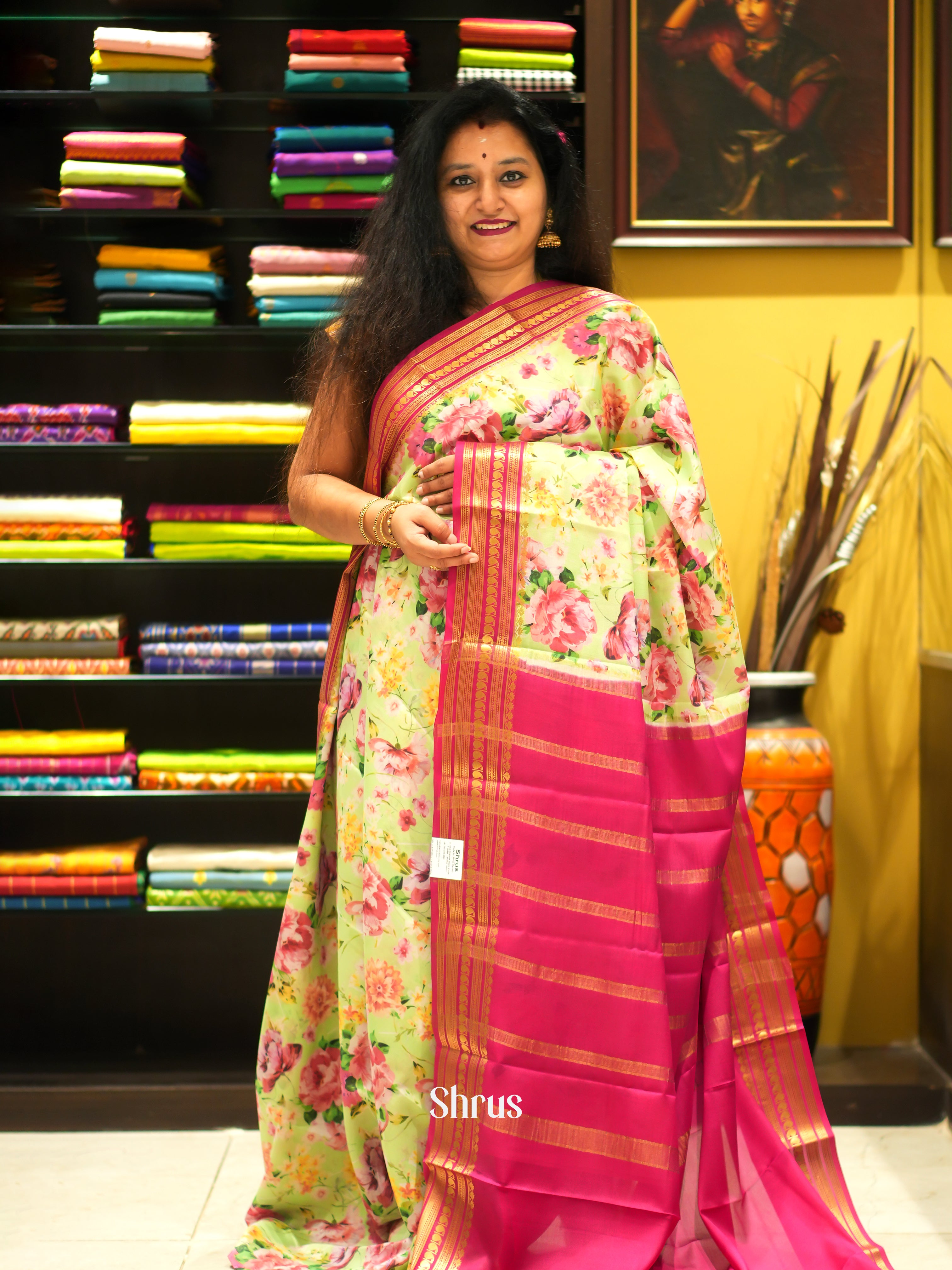 Green And Pink- Mysore Silk Saree - Shop on ShrusEternity.com