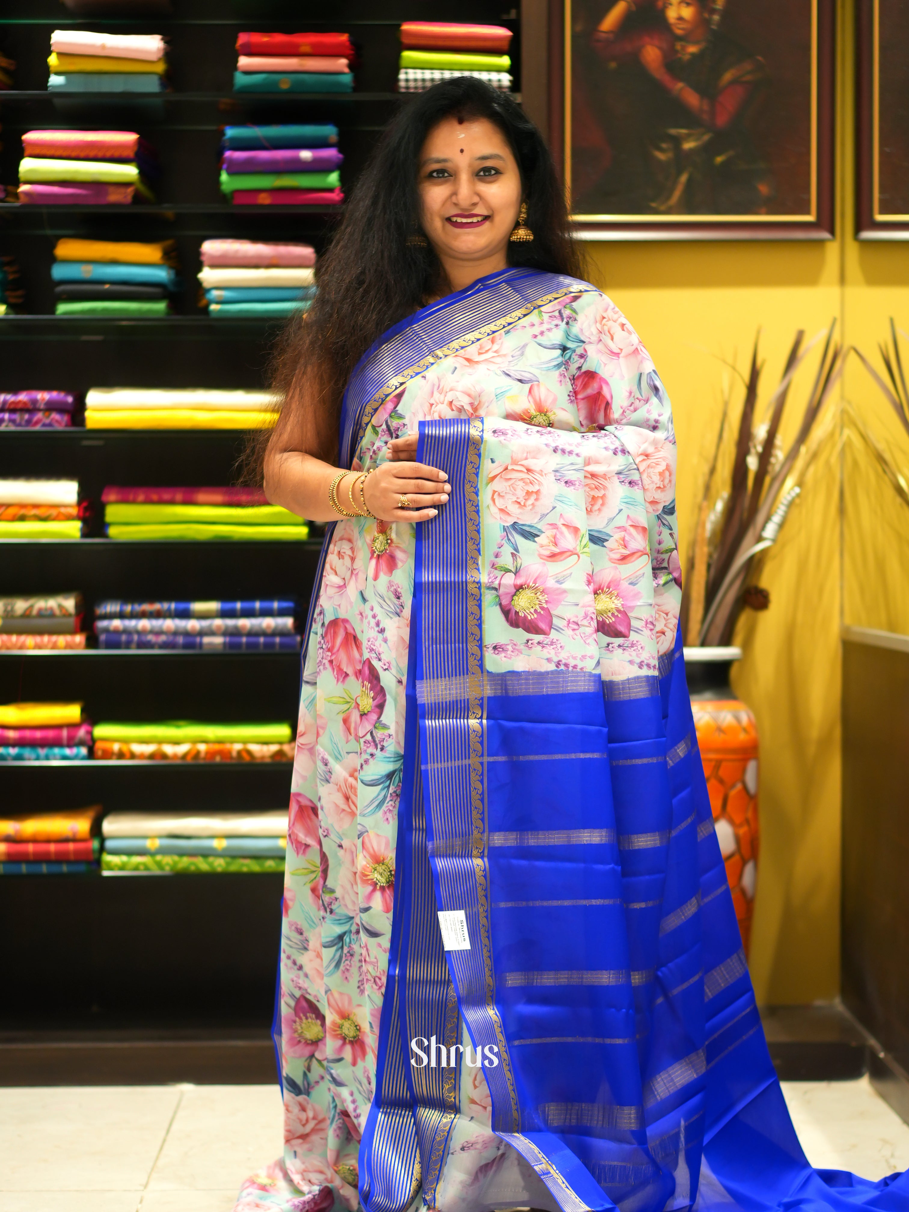 Sky Blue & Blue - Mysore Silk Saree - Shop on ShrusEternity.com