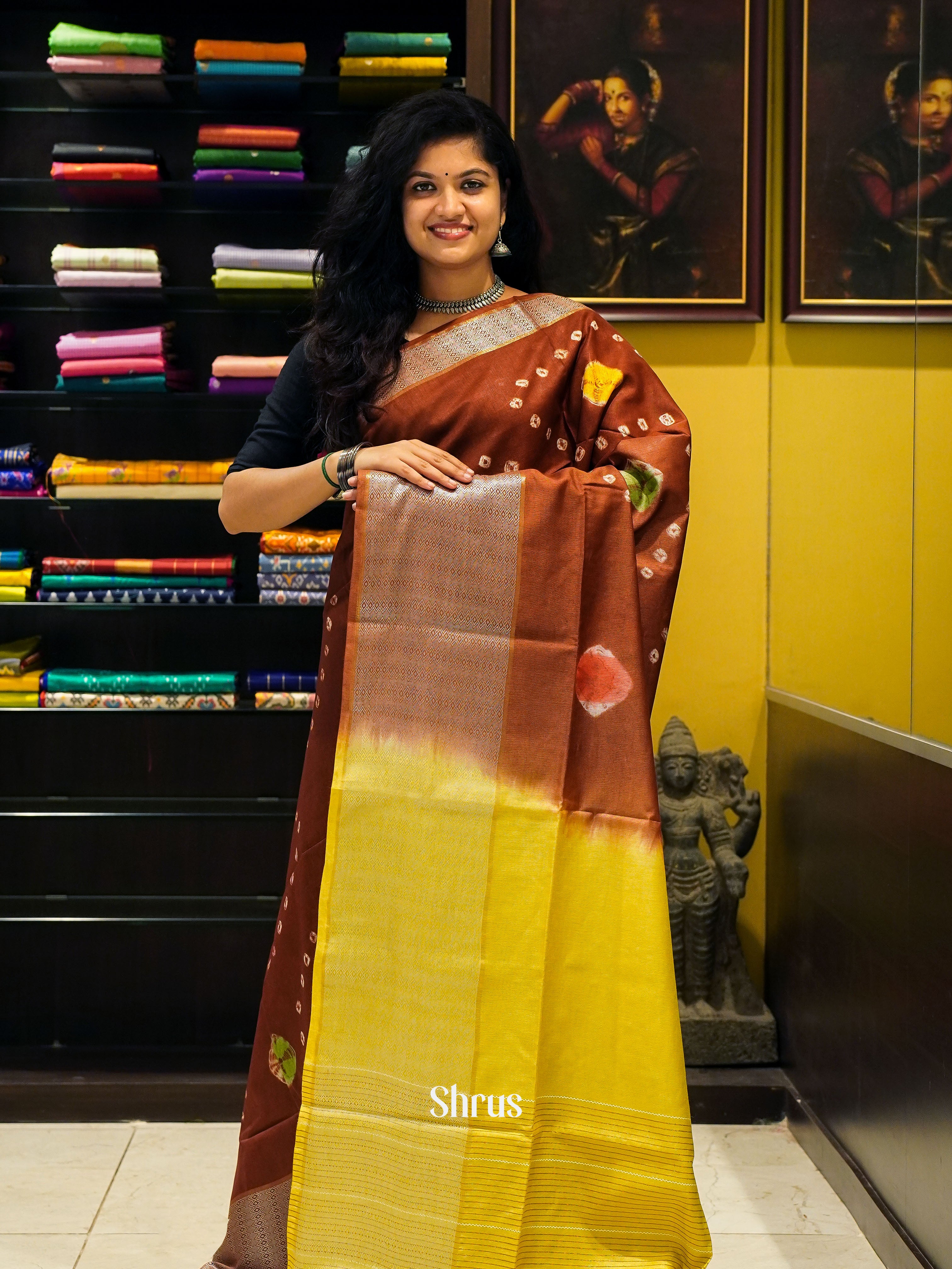Brown & Yellow -Shibori Saree - Shop on ShrusEternity.com