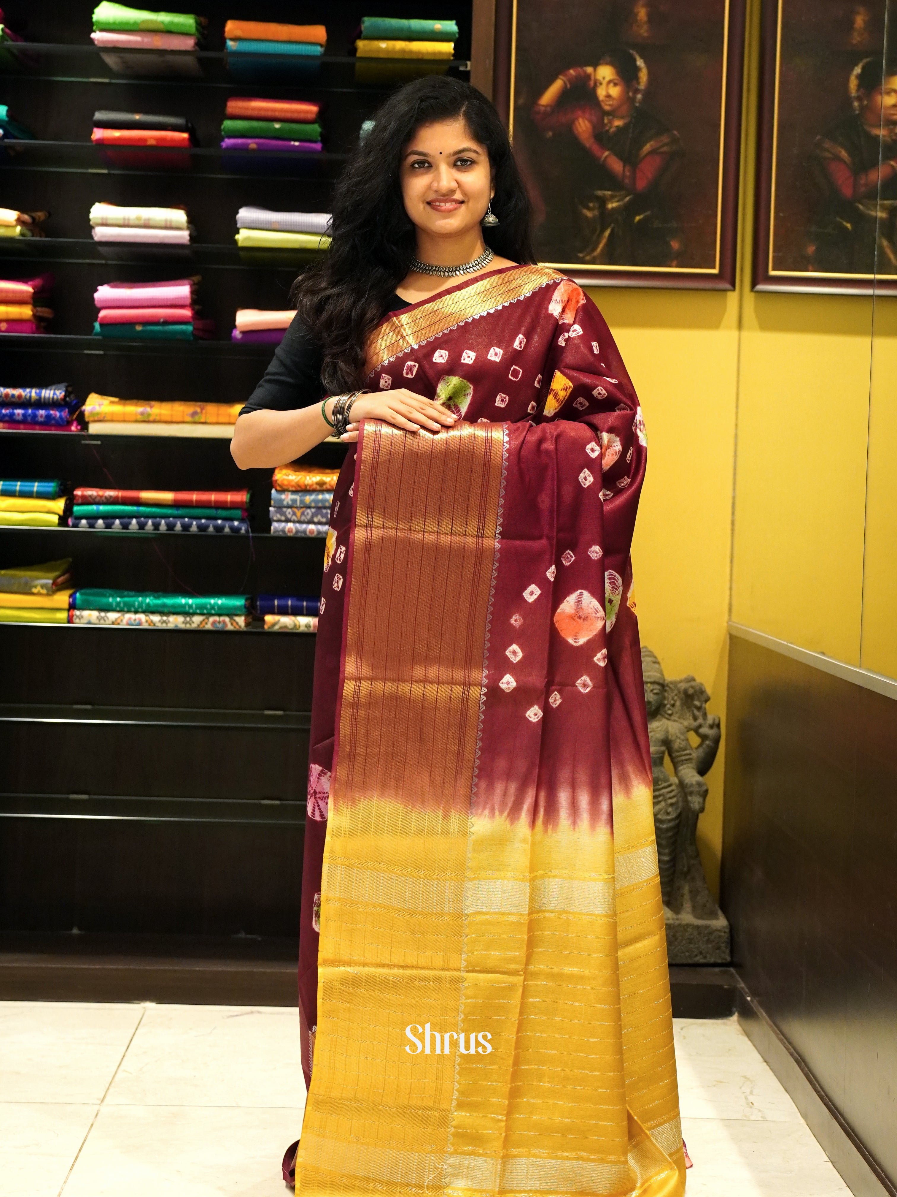 Maroon & Mustard - Shibori Saree - Shop on ShrusEternity.com