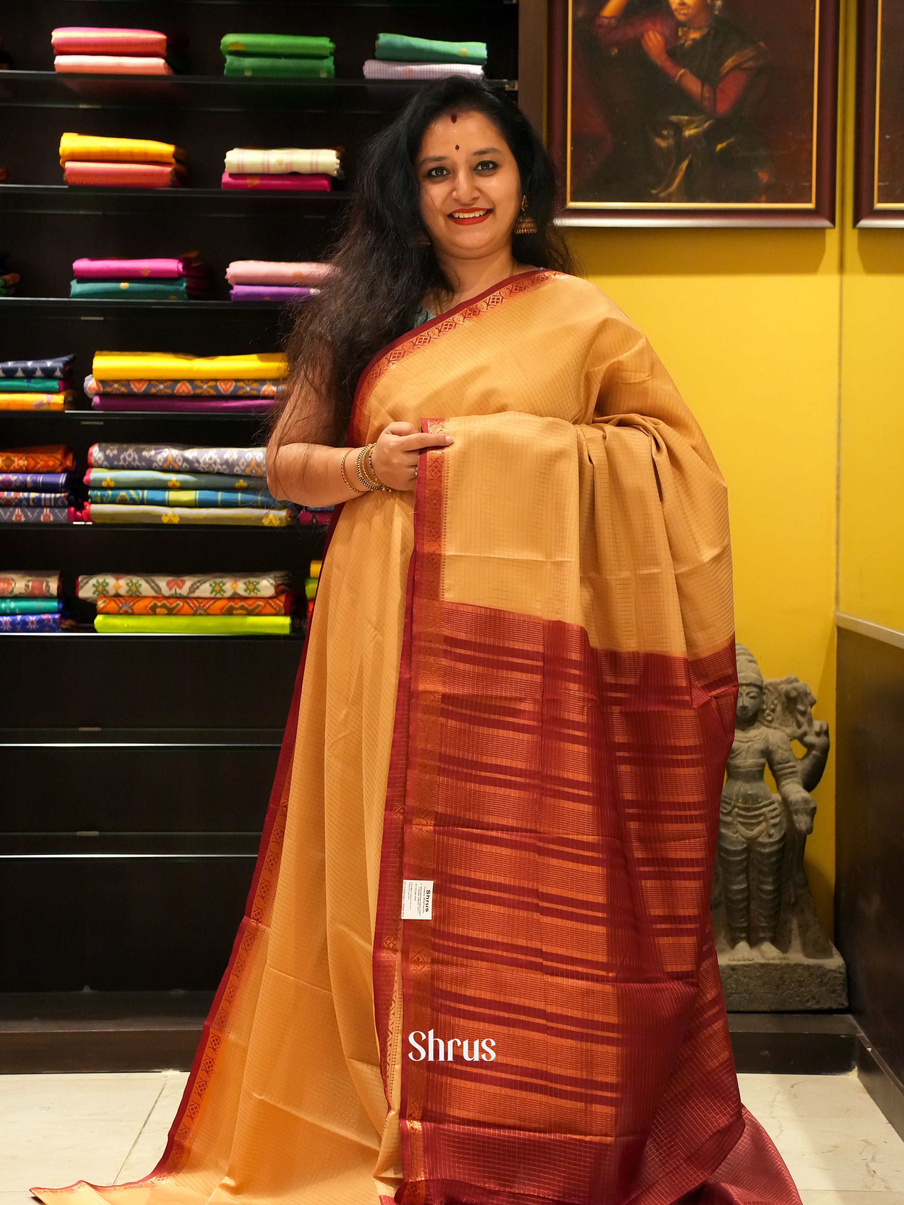 Beige & Maroon - Semi Mysore Silk Saree - Shop on ShrusEternity.com