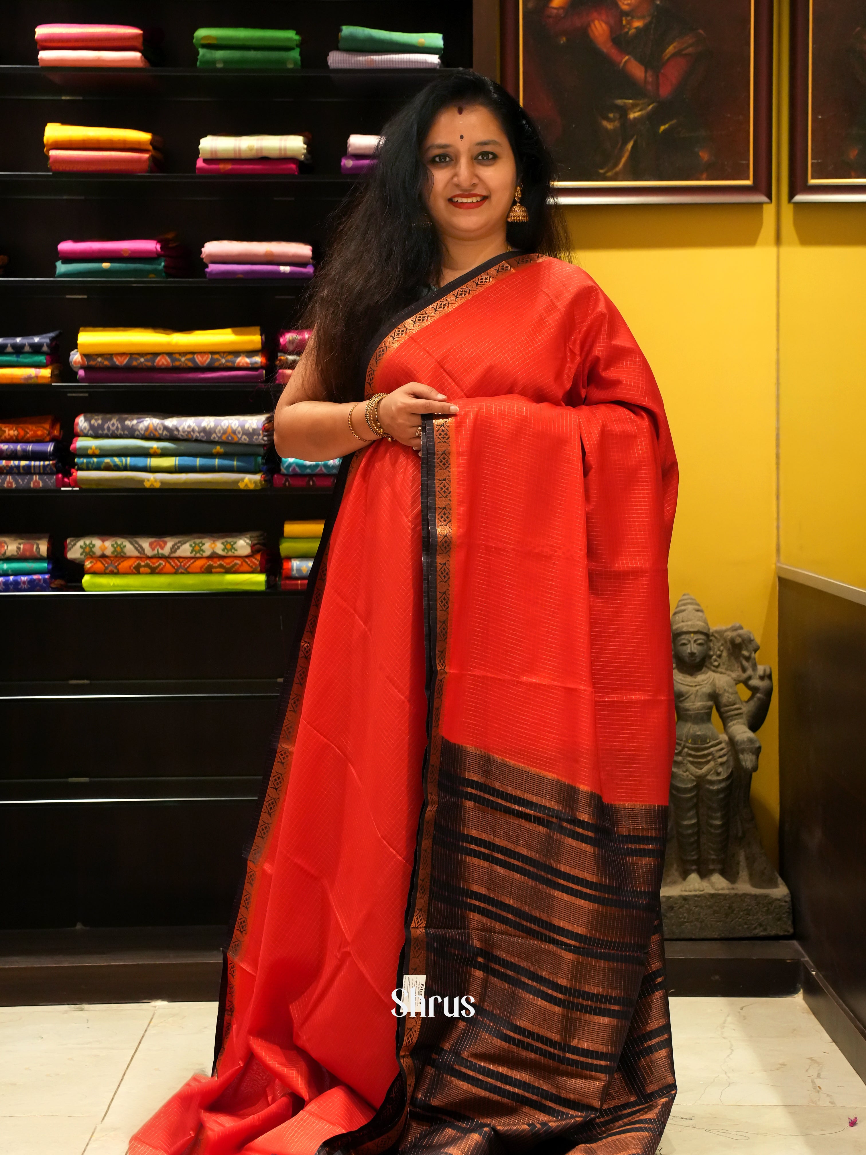 Red & Black - Semi Mysoresilk Saree - Shop on ShrusEternity.com