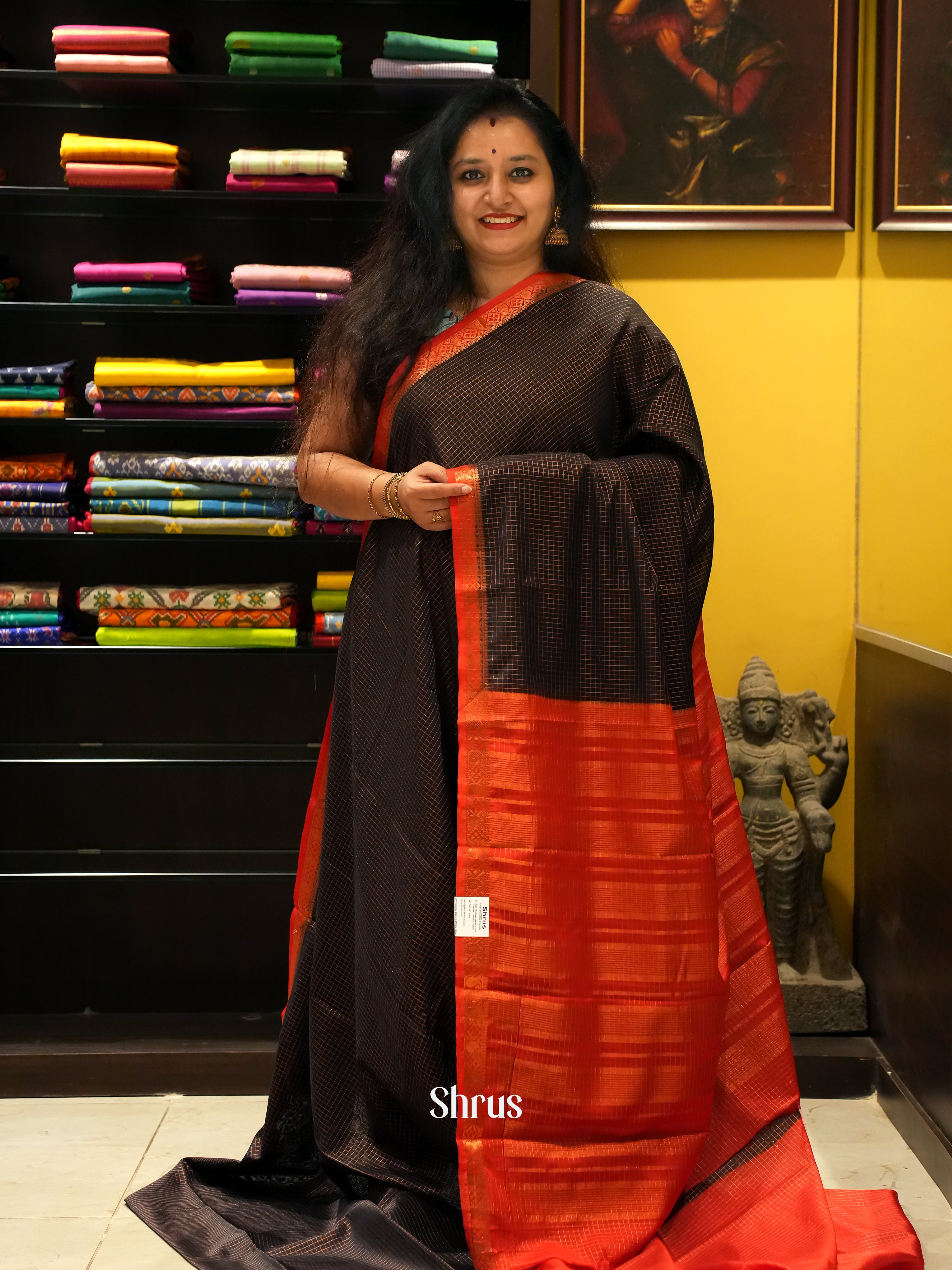 Black & Red - Semi Mysoresilk Saree - Shop on ShrusEternity.com