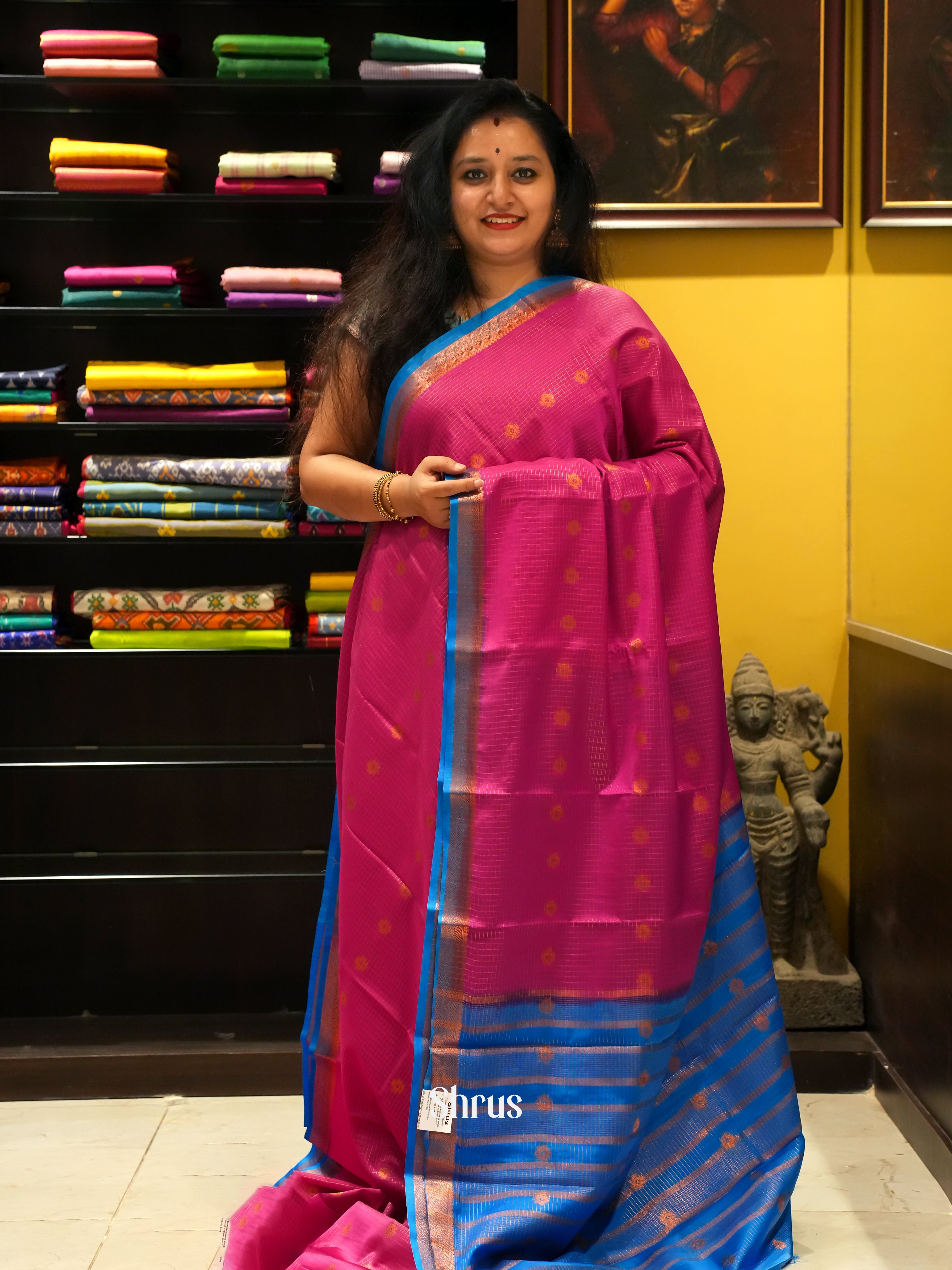 Pink & Blue - Semi Mysoresilk Saree - Shop on ShrusEternity.com