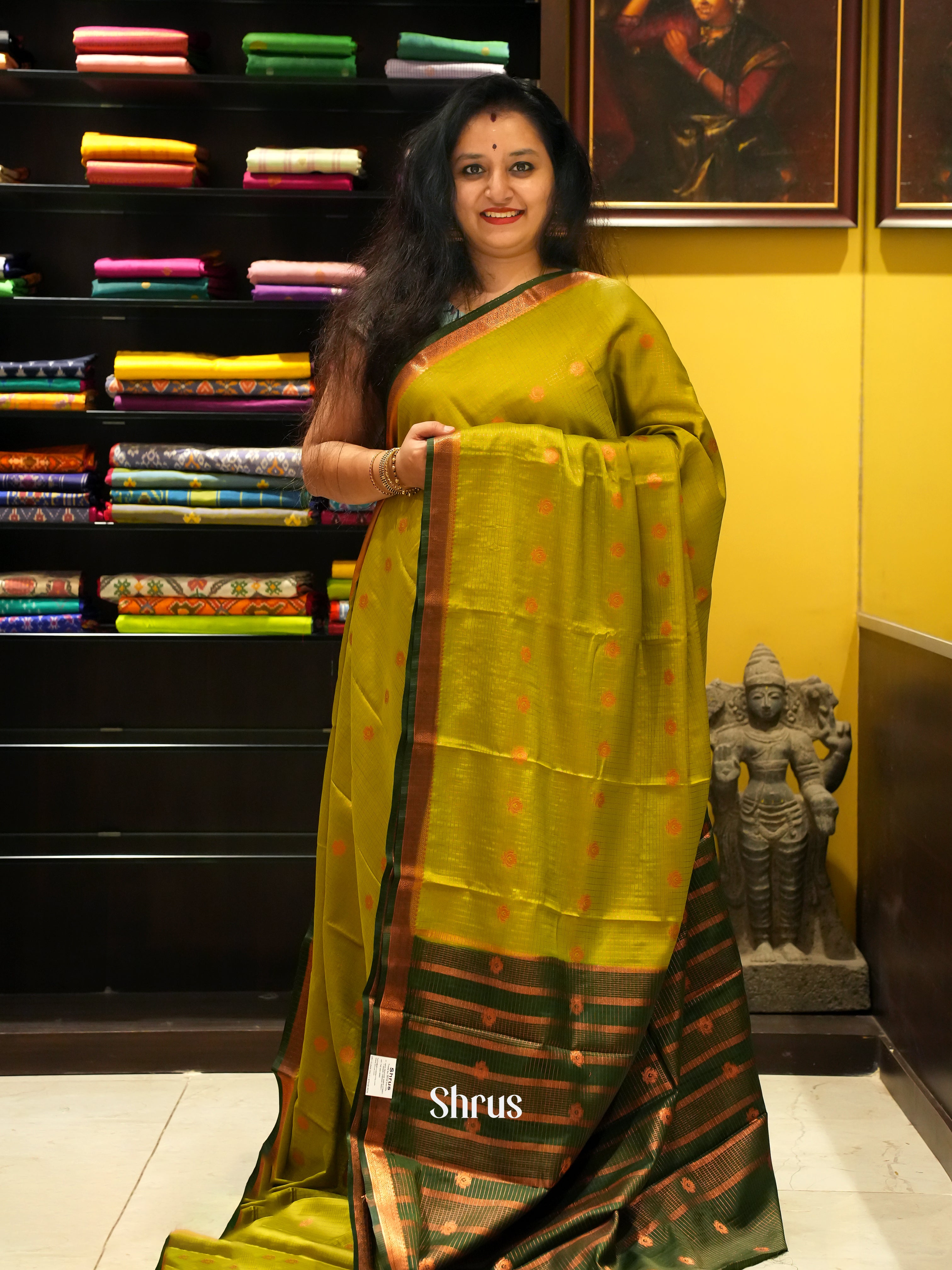 Light Green & Green - Semi Mysoresilk Saree - Shop on ShrusEternity.com