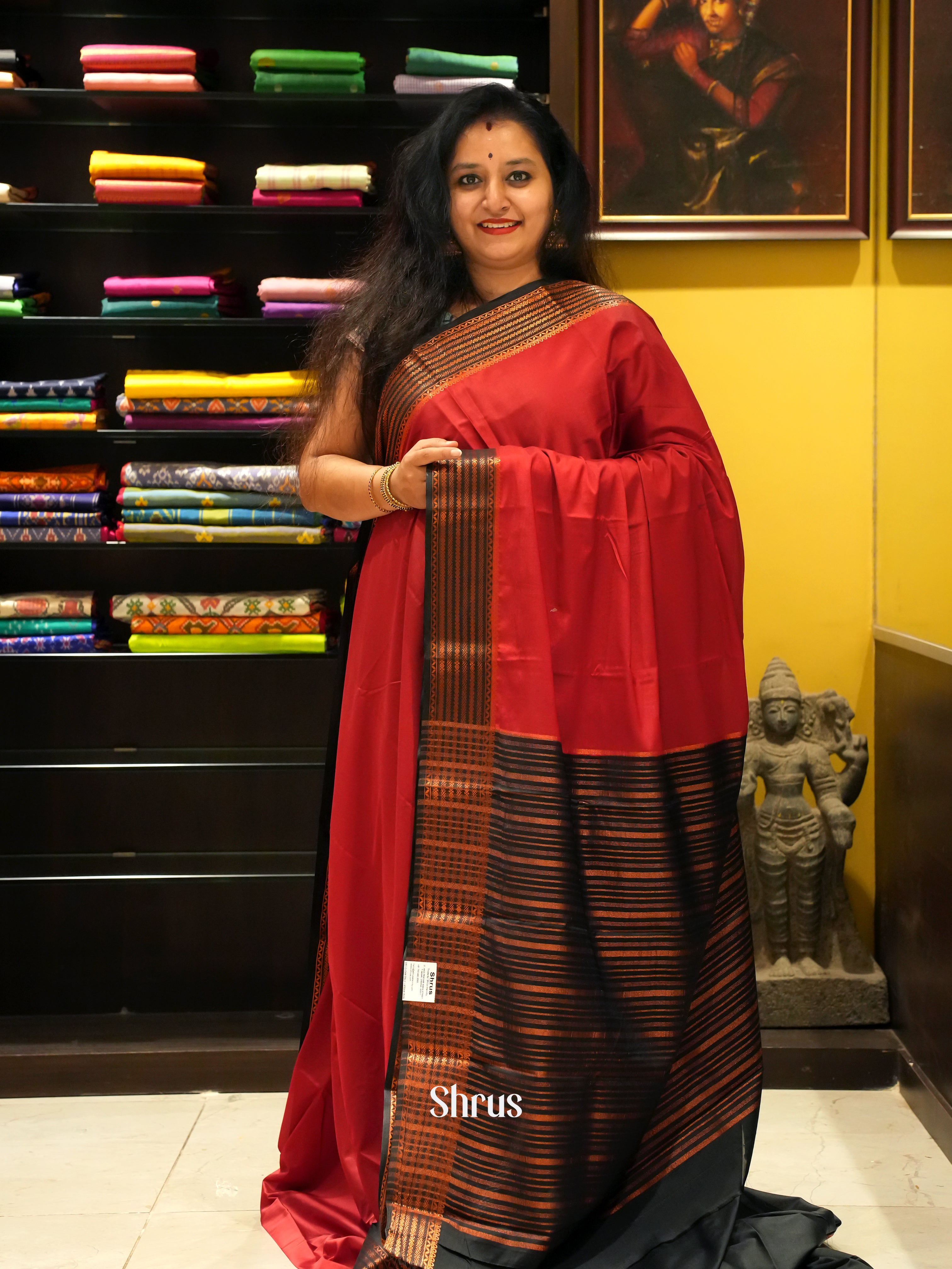 Red & Black - Semi Mysoresilk Saree - Shop on ShrusEternity.com