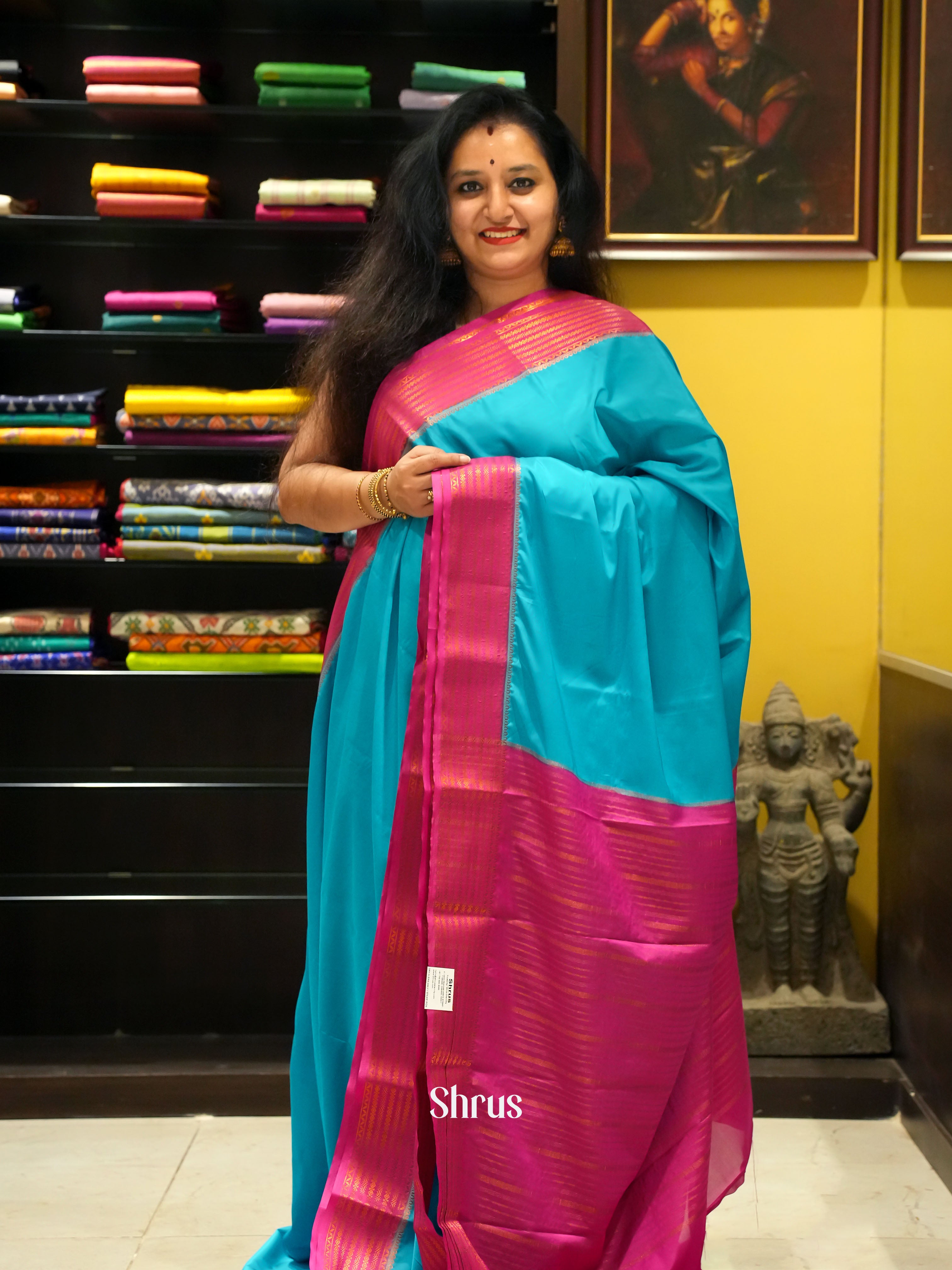 Blue & Pink - Semi Mysore Silk Saree - Shop on ShrusEternity.com