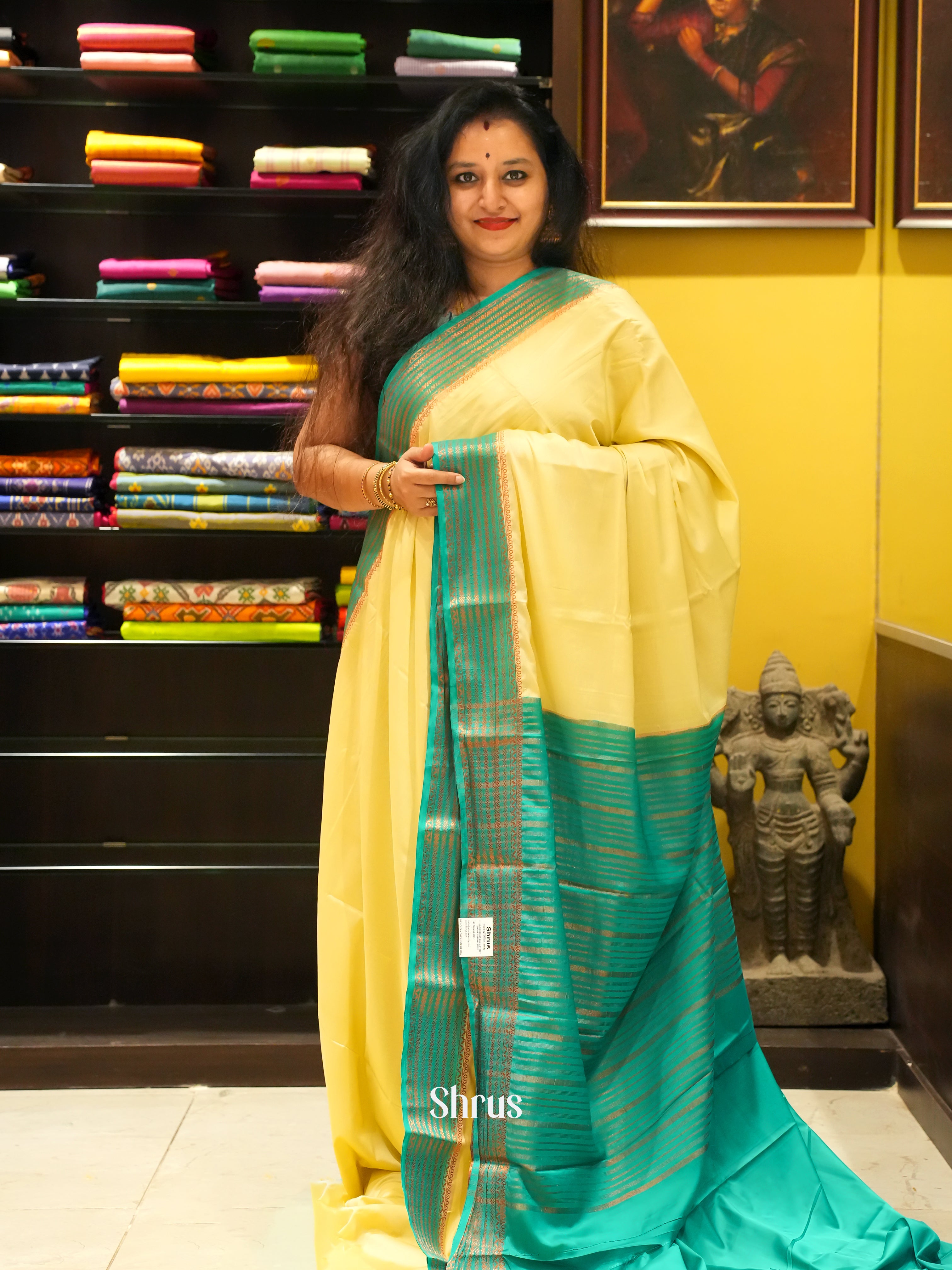 Yellow & Green - Semi Mysoresilk Saree - Shop on ShrusEternity.com