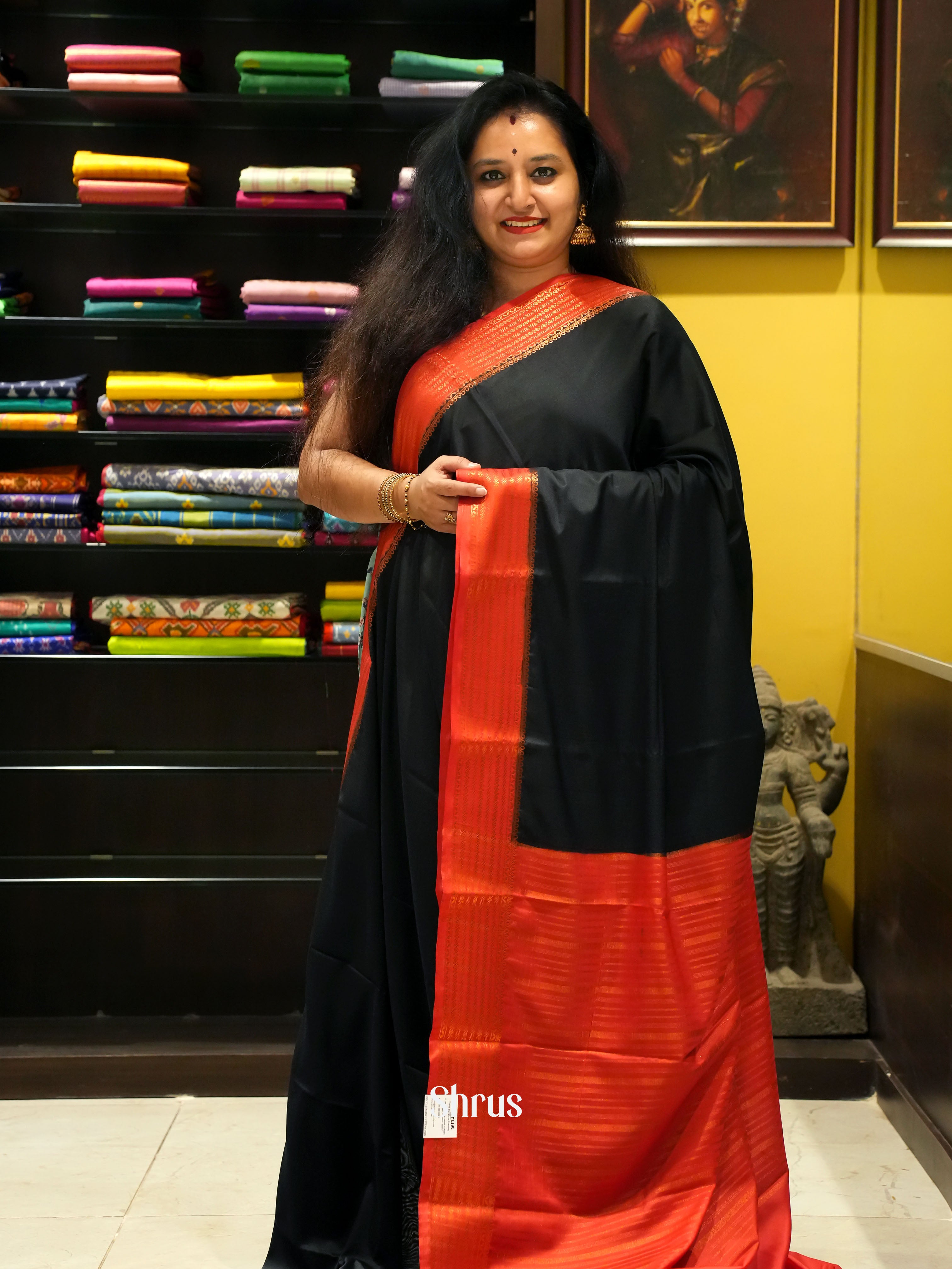 Black & Red - Semi Mysore Silk Saree - Shop on ShrusEternity.com