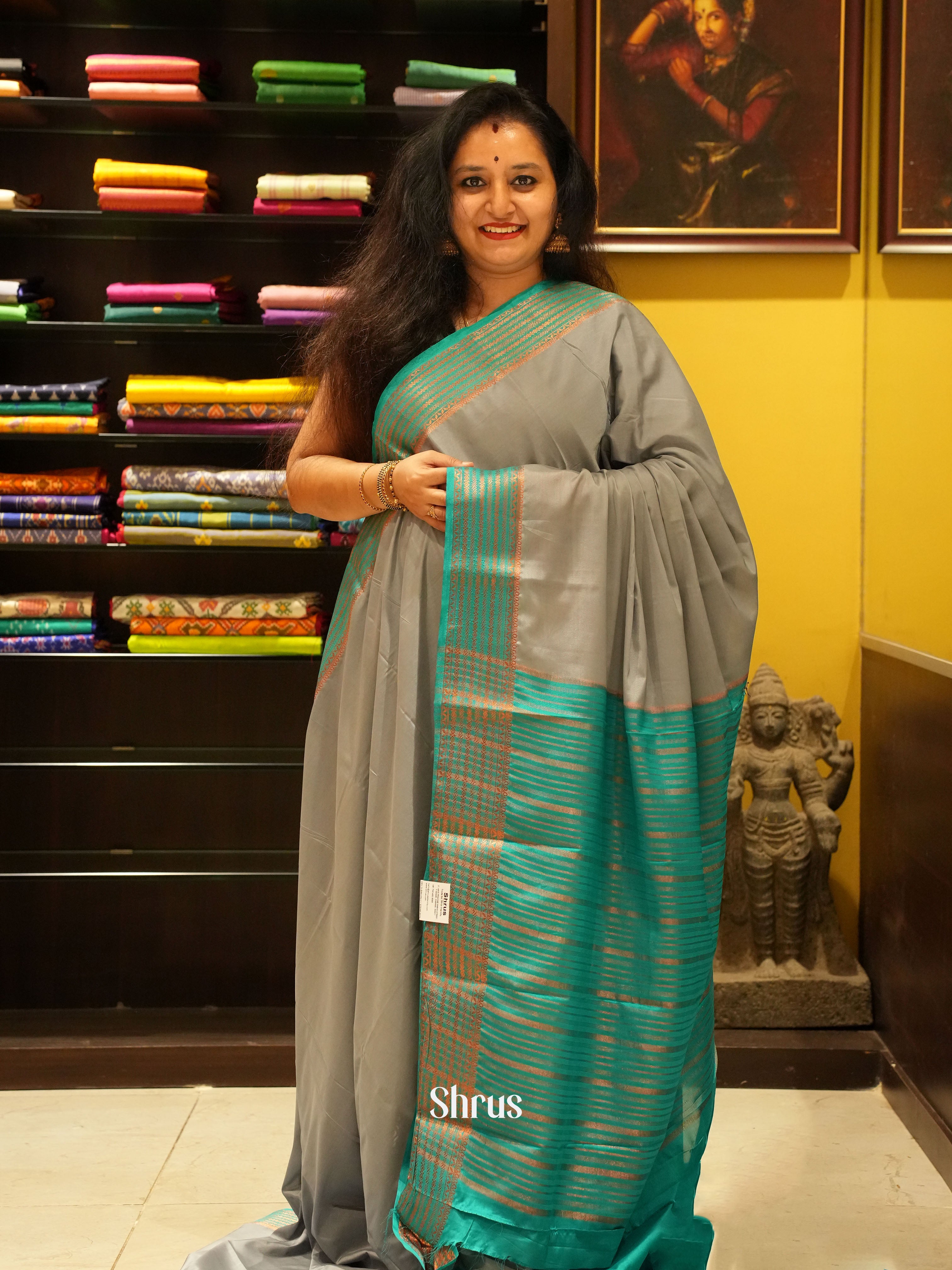 Grey & Green - Semi Mysore Silk Saree - Shop on ShrusEternity.com
