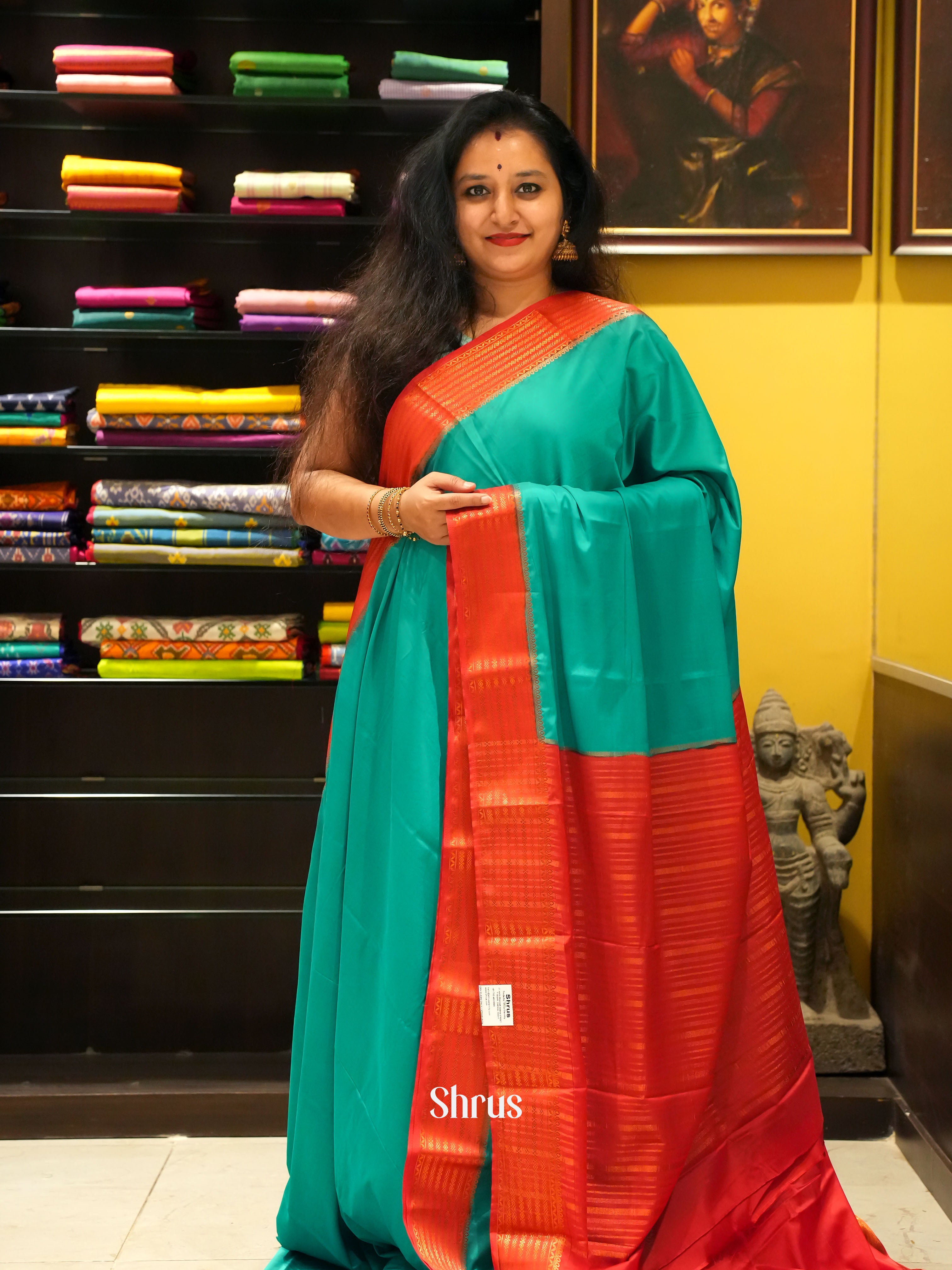 Green & Red - Semi Mysore Silk Saree - Shop on ShrusEternity.com
