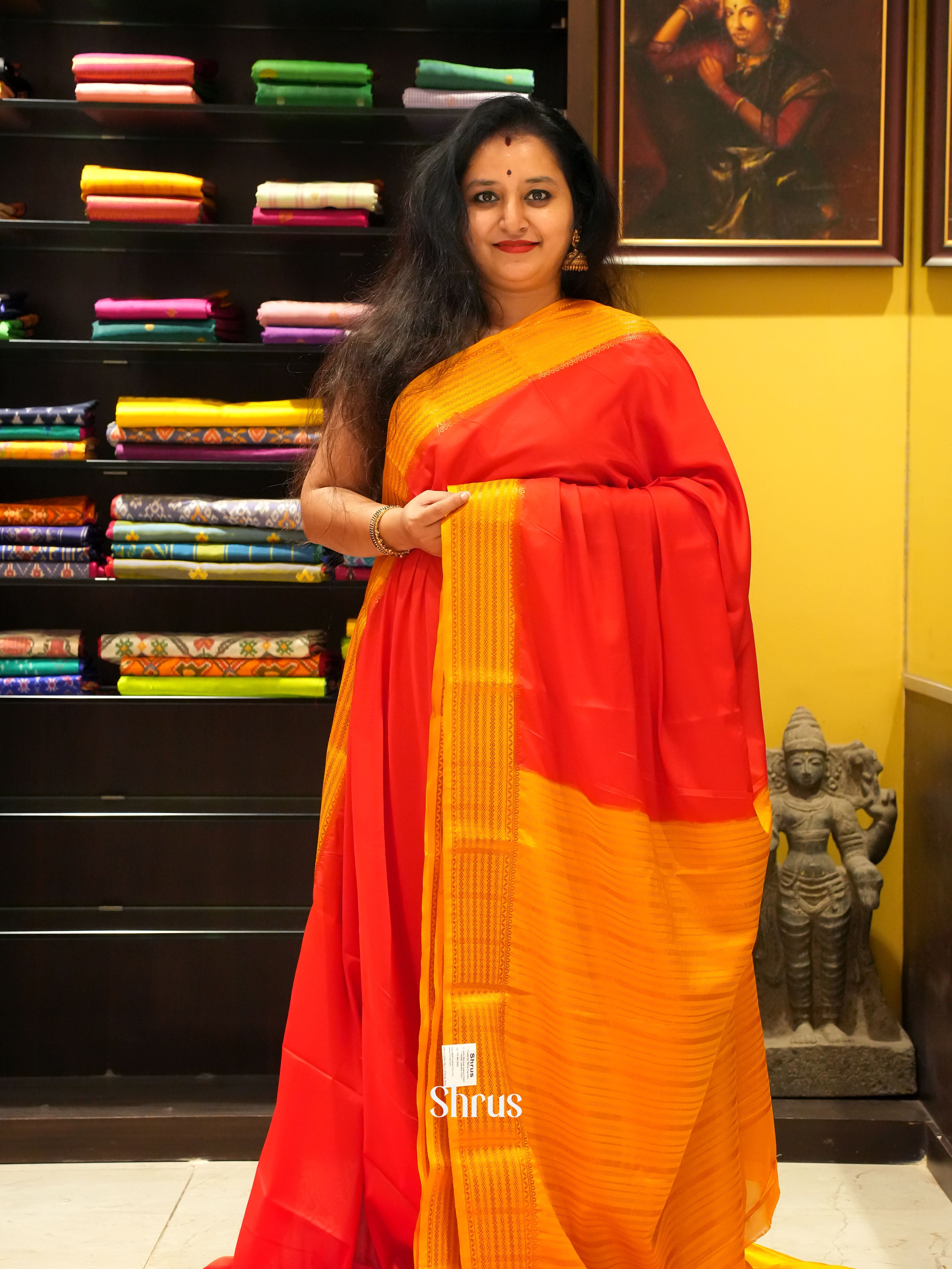 Red & Yellow - Semi Mysore Silk Saree - Shop on ShrusEternity.com