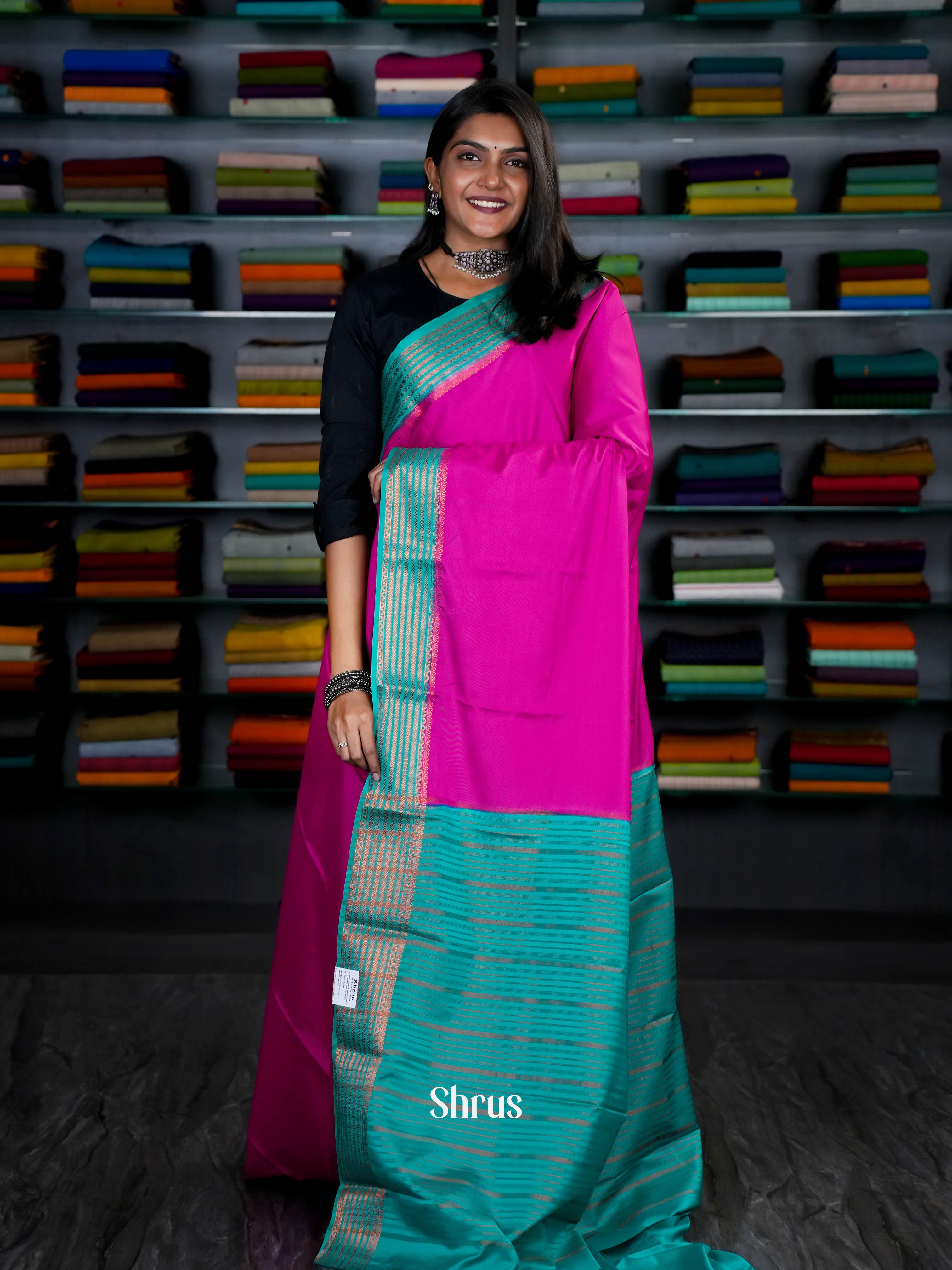 Magenta & Teal - Semi Mysoresilk Saree - Shop on ShrusEternity.com