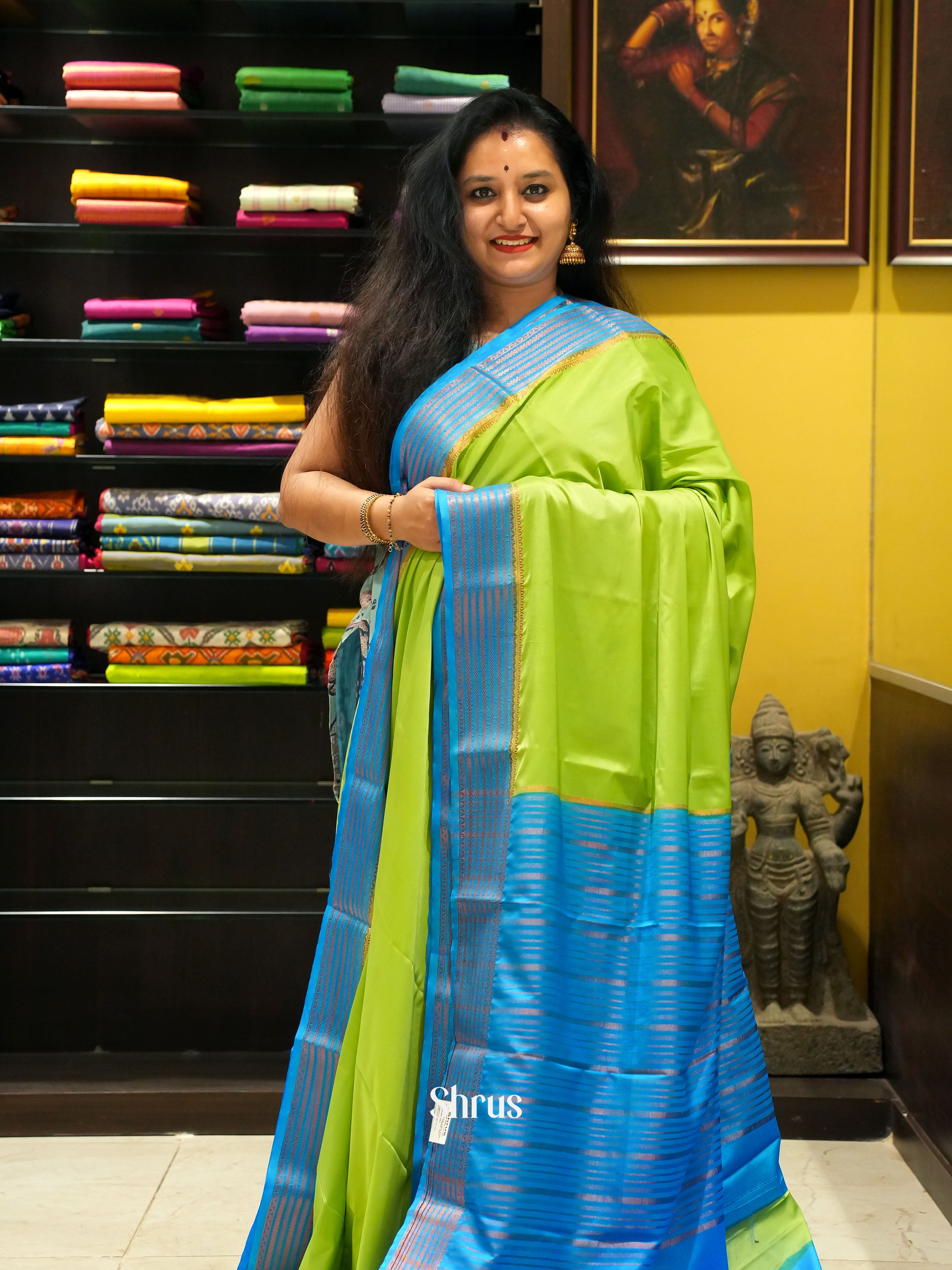 Green & Blue - Semi Mysore Silk Saree - Shop on ShrusEternity.com