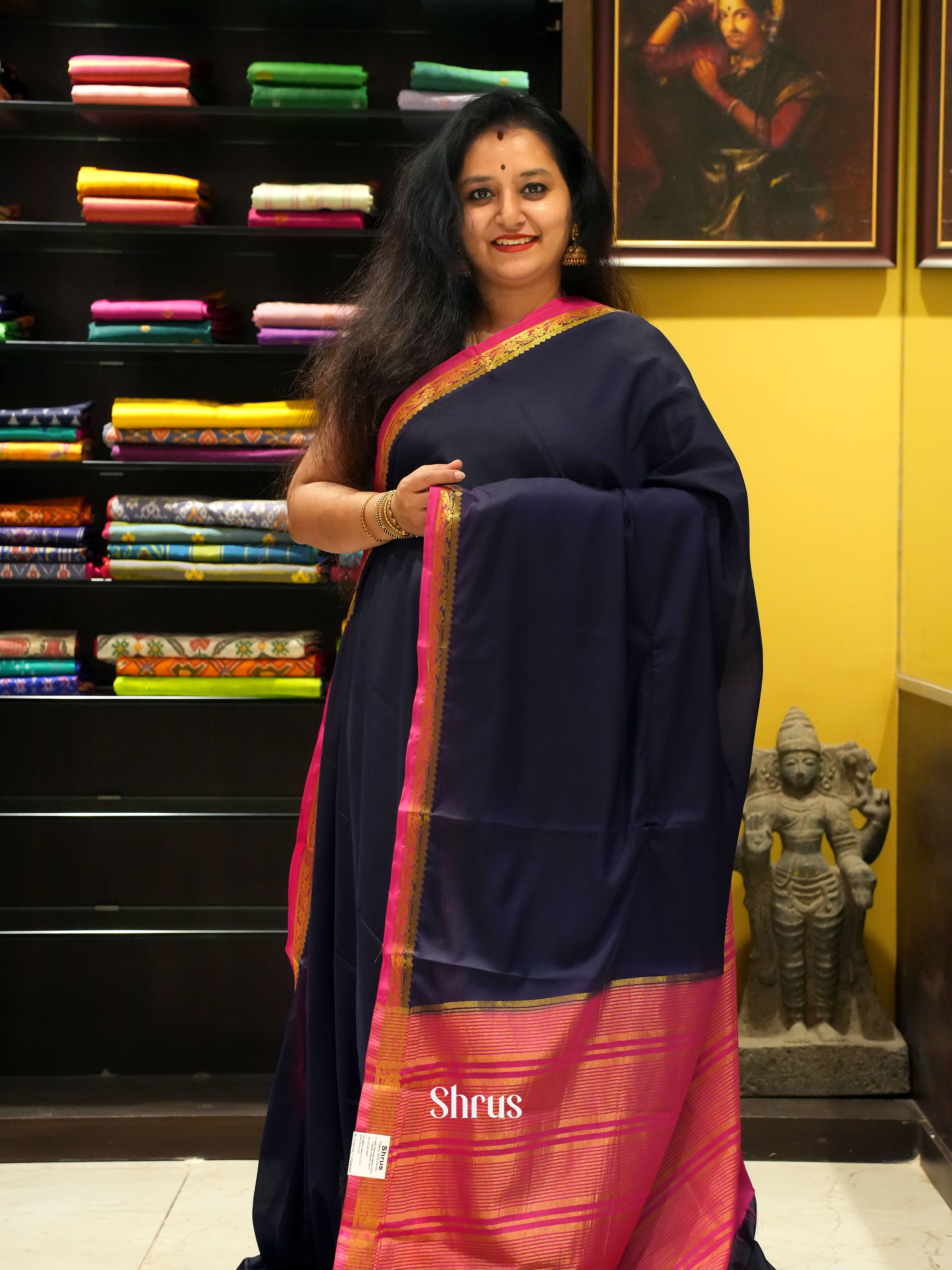 Blue & Pink - Semi Mysore Silk Saree - Shop on ShrusEternity.com