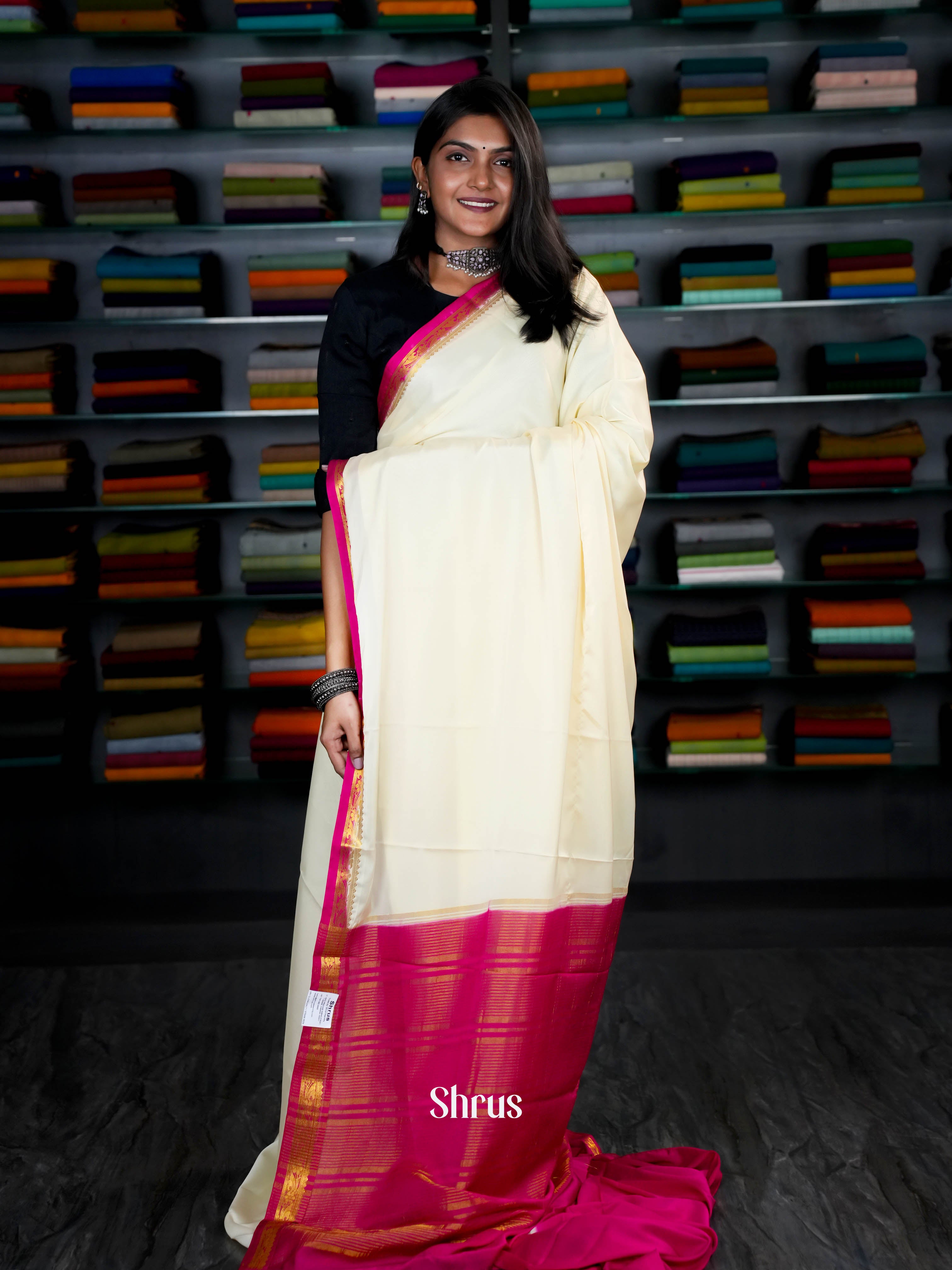Cream & Pink- Semi Mysoresilk Saree - Shop on ShrusEternity.com