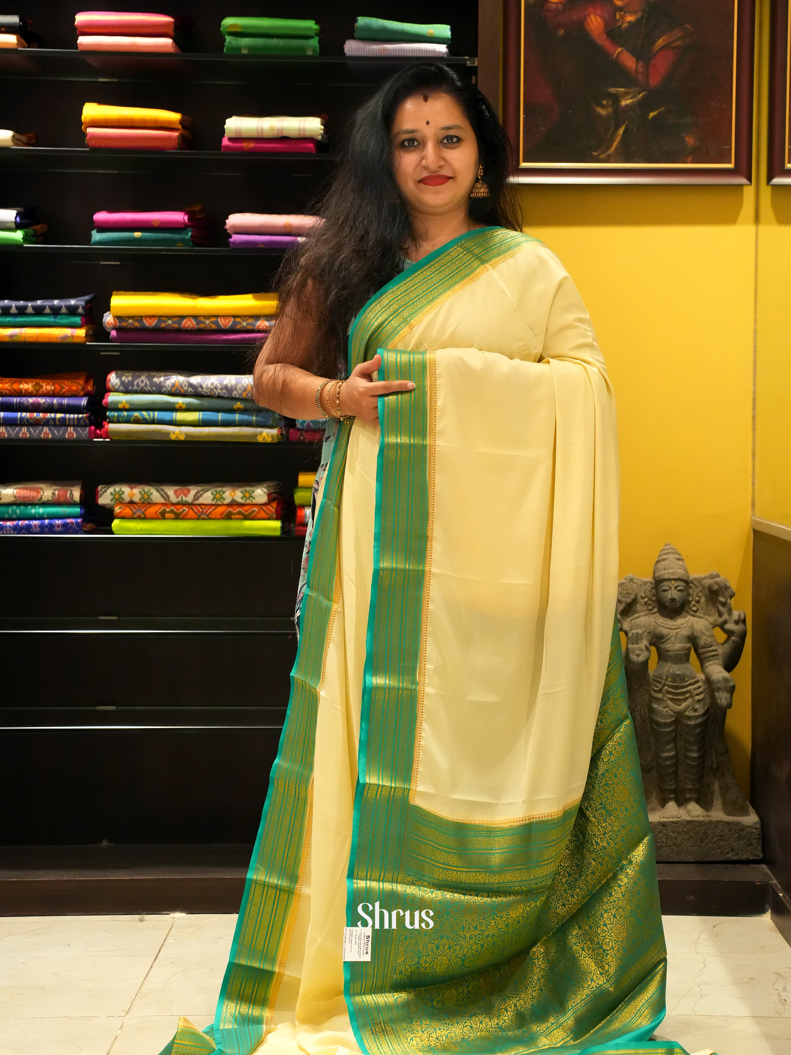 Light Yellow & Green - Semi Mysoresilk Saree - Shop on ShrusEternity.com