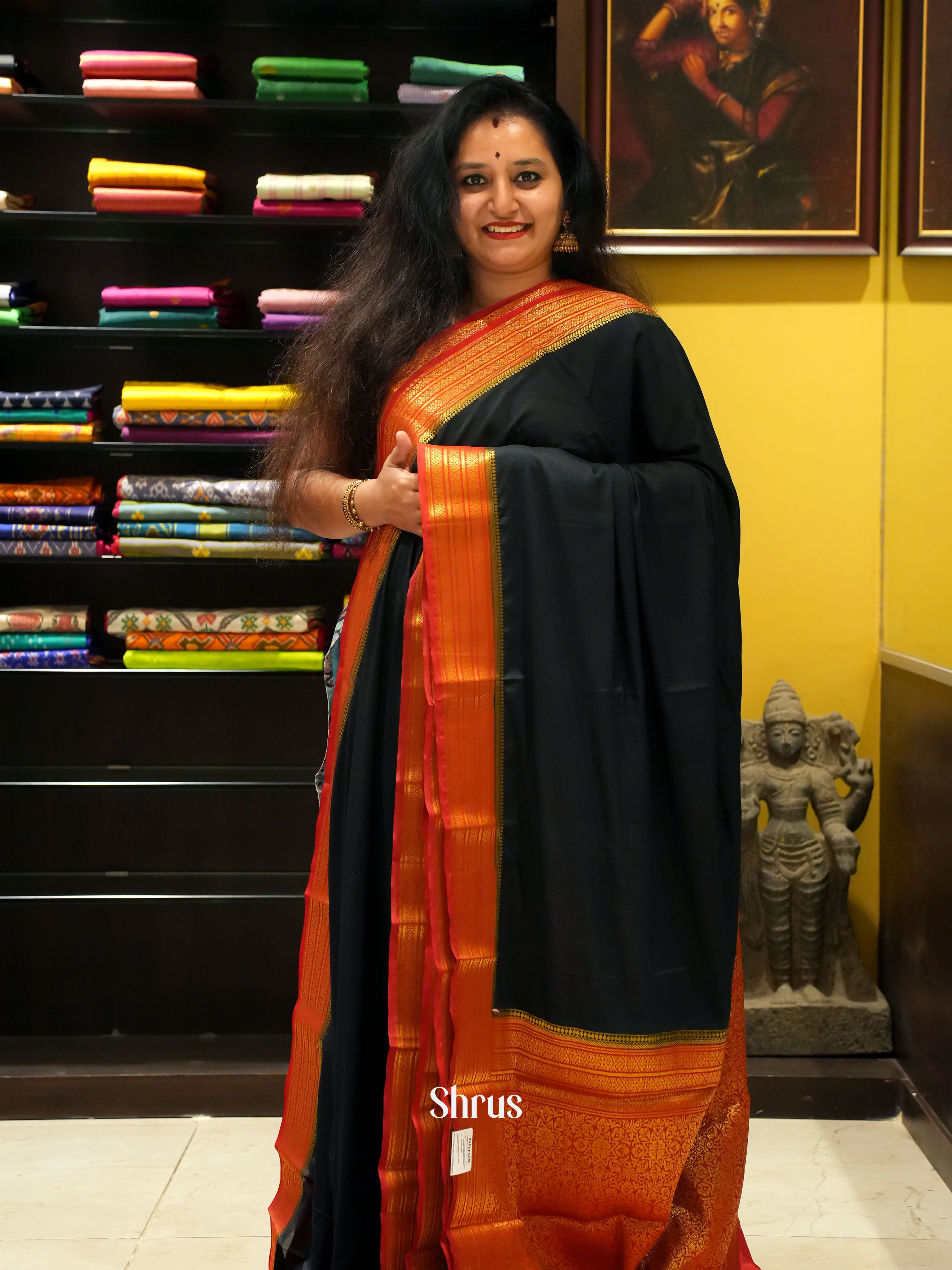 Black & Red - Semi Mysore Silk Saree - Shop on ShrusEternity.com
