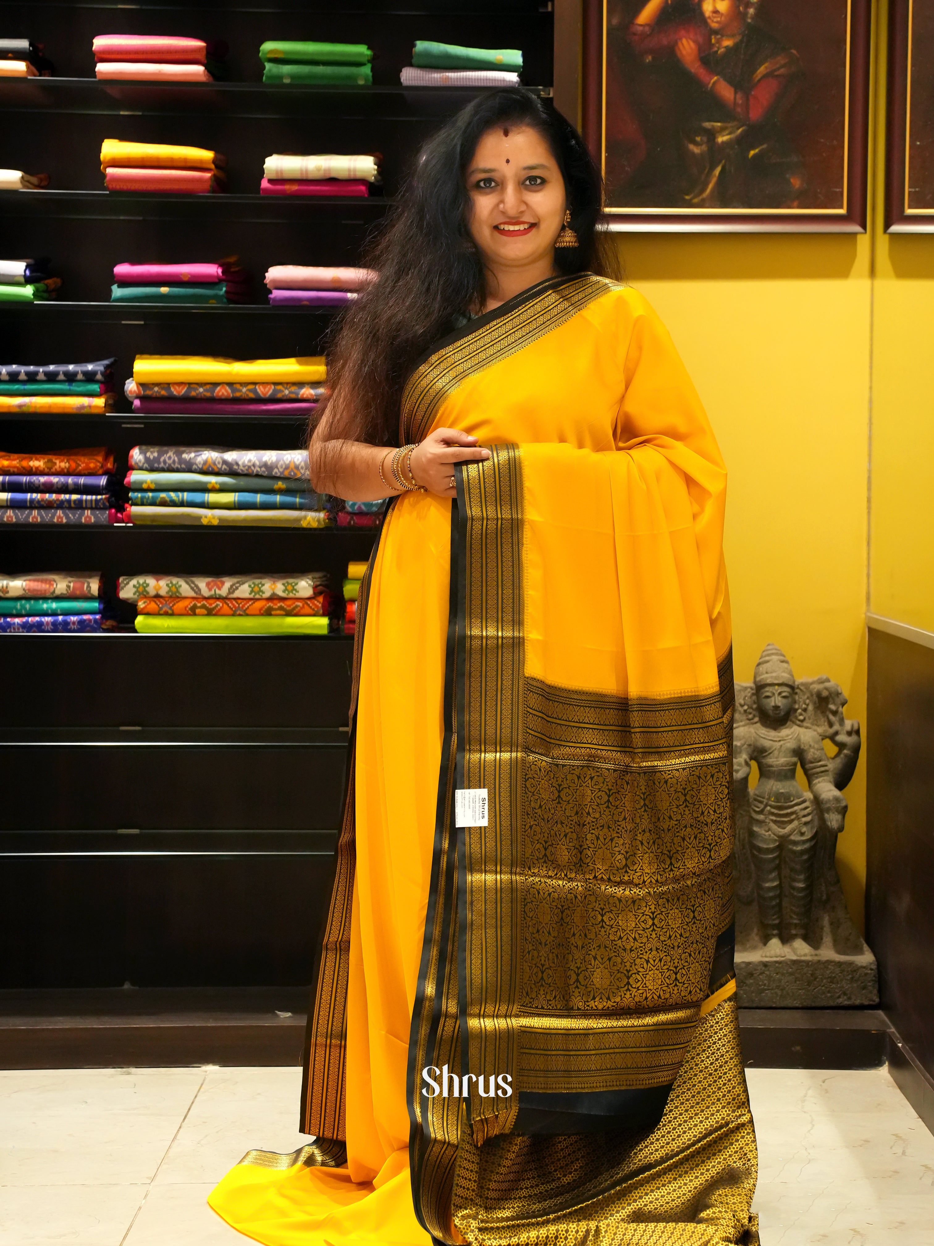 Yellow & Black - Semi Mysoresilk Saree - Shop on ShrusEternity.com
