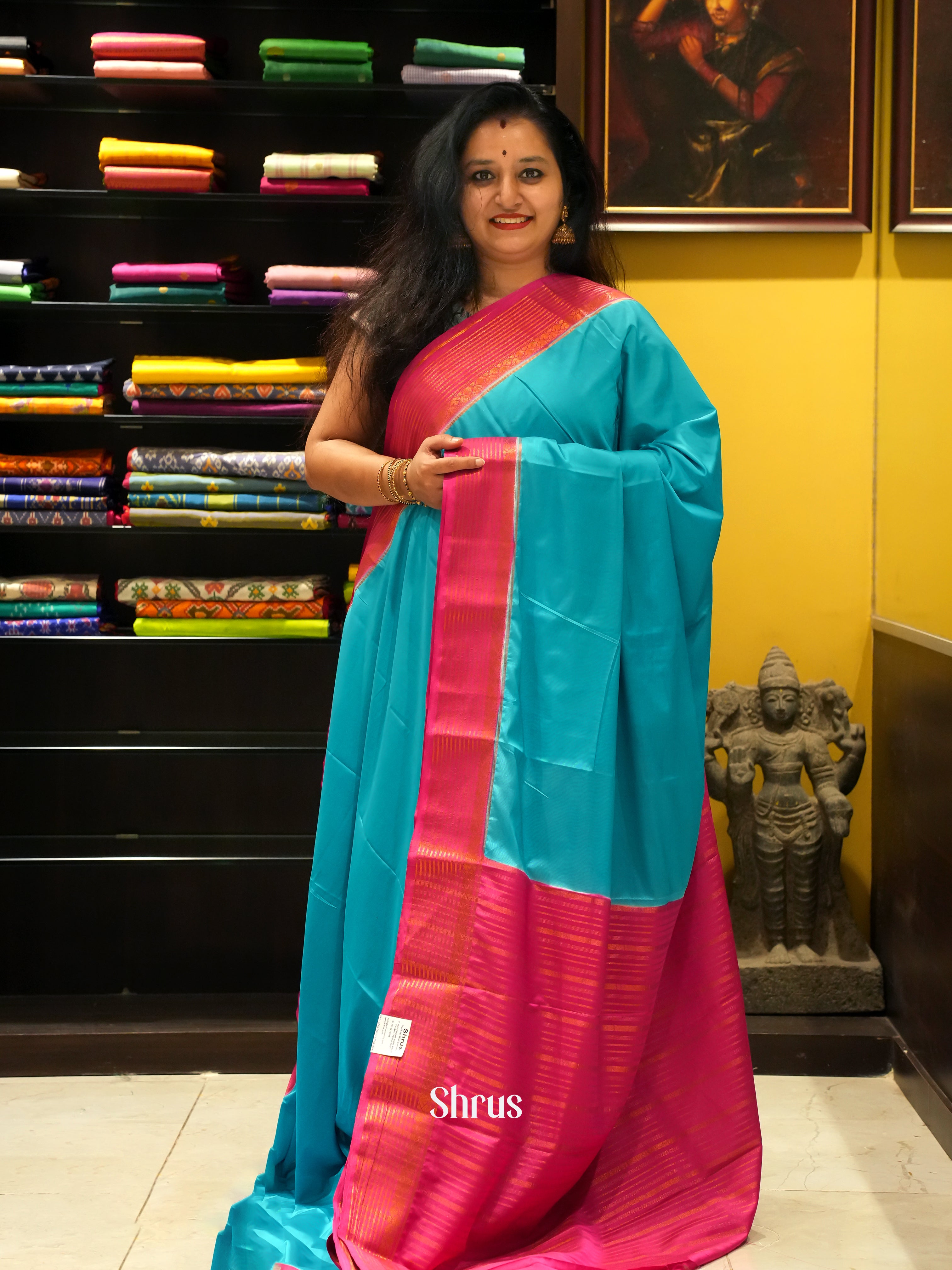 Blue & Pink - Semi Mysoresilk Saree - Shop on ShrusEternity.com