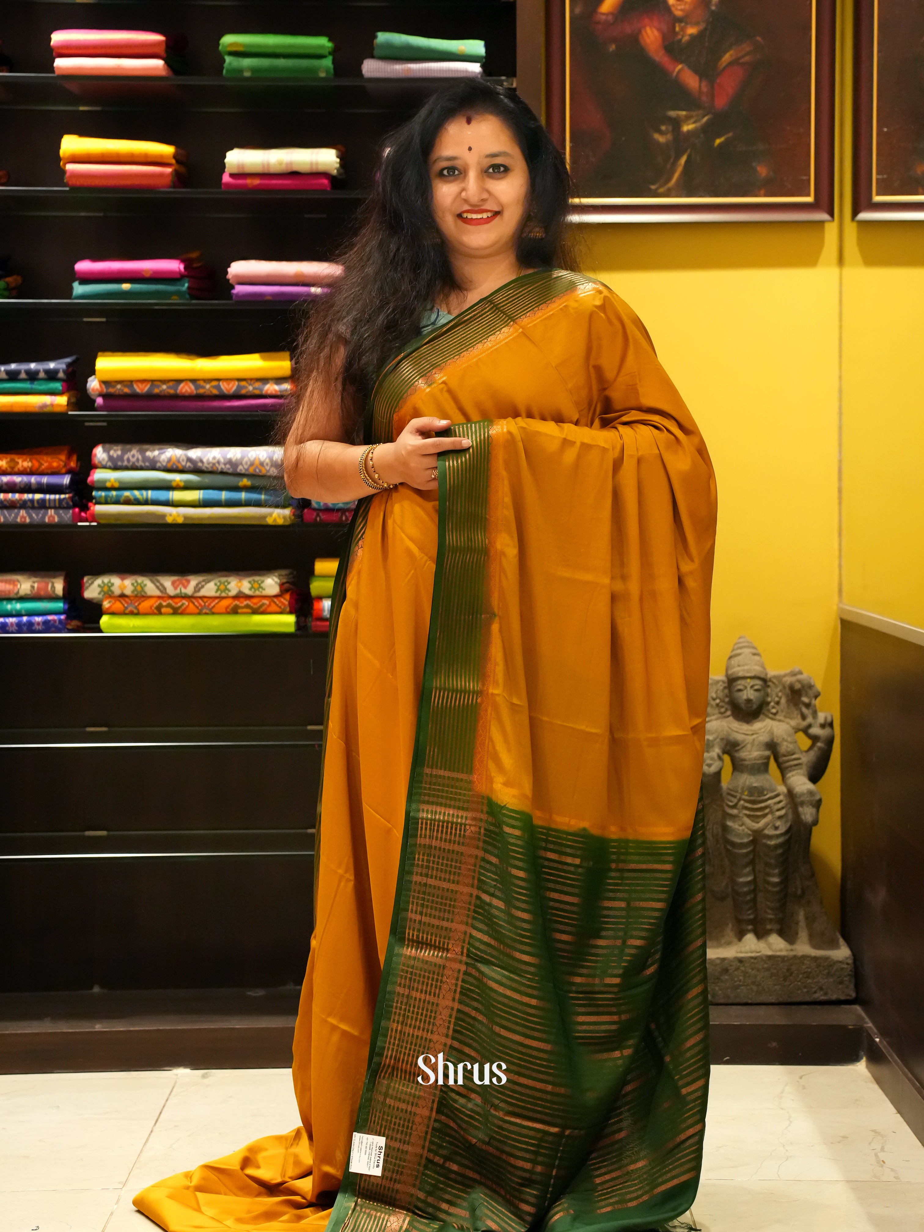 Brown & Green - Semi Mysoresilk Saree - Shop on ShrusEternity.com