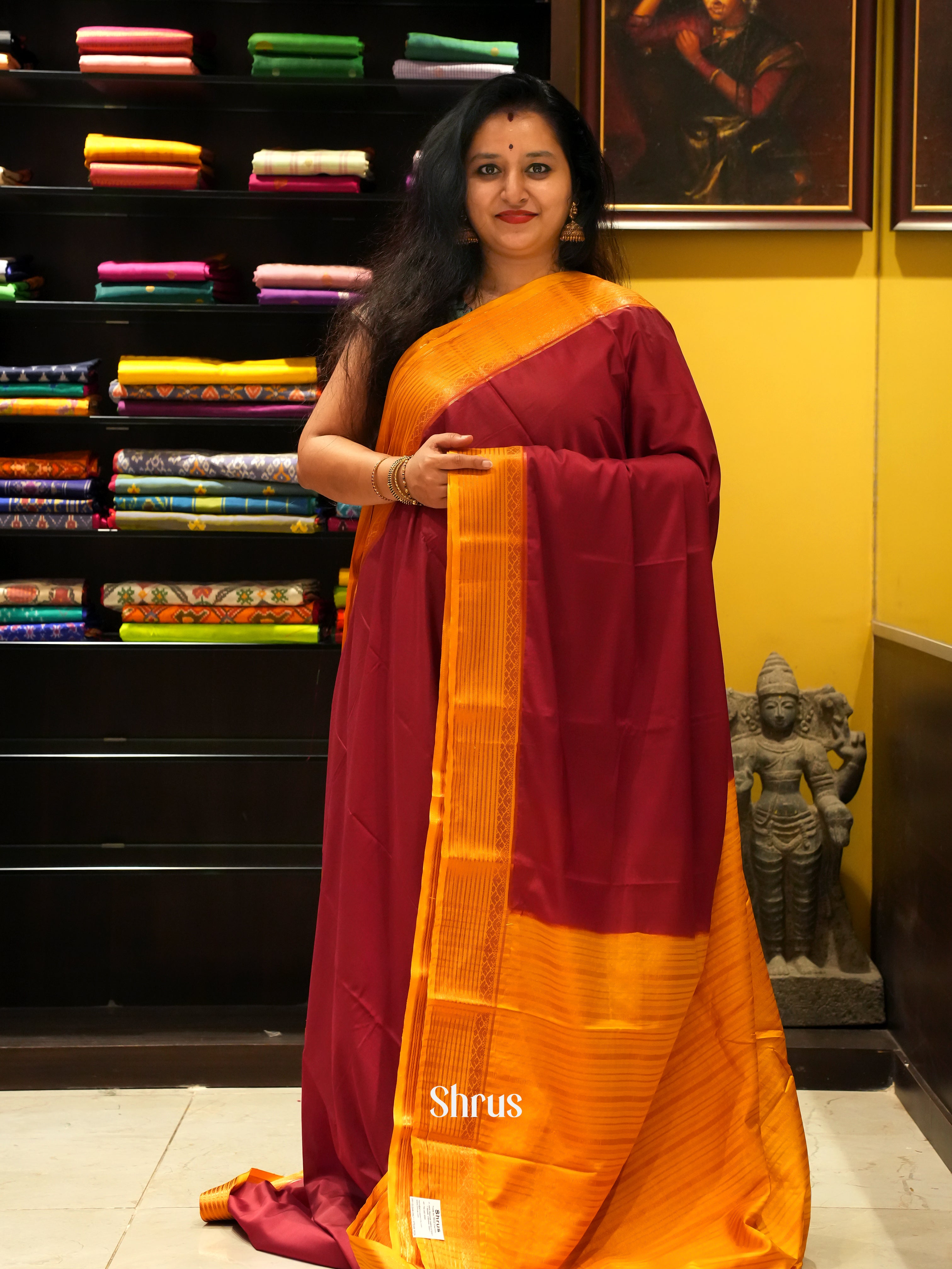 Maroon & Mustard- Semi Mysoresilk Saree - Shop on ShrusEternity.com