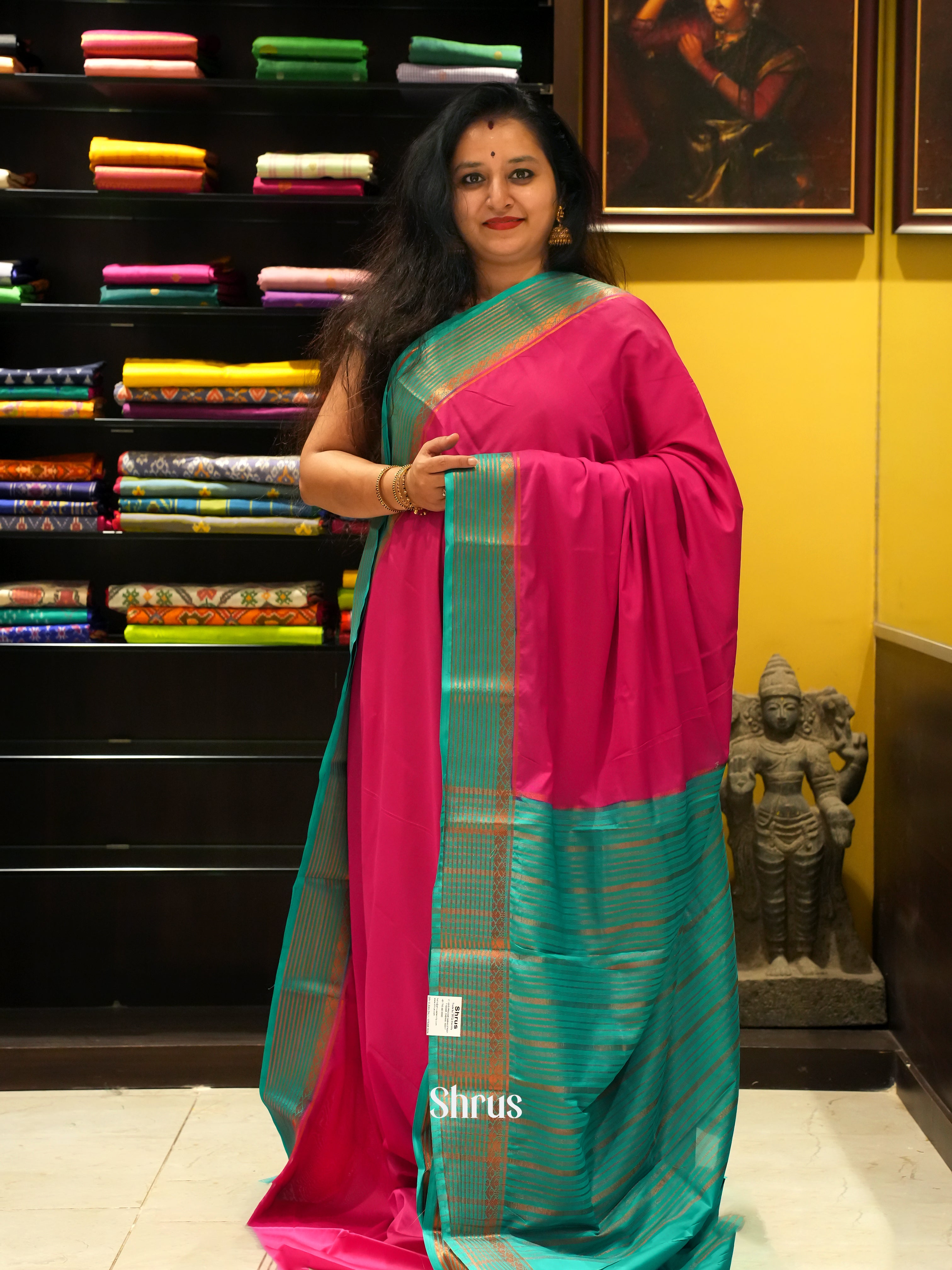 Pink & Green - Semi Mysoresilk Saree - Shop on ShrusEternity.com