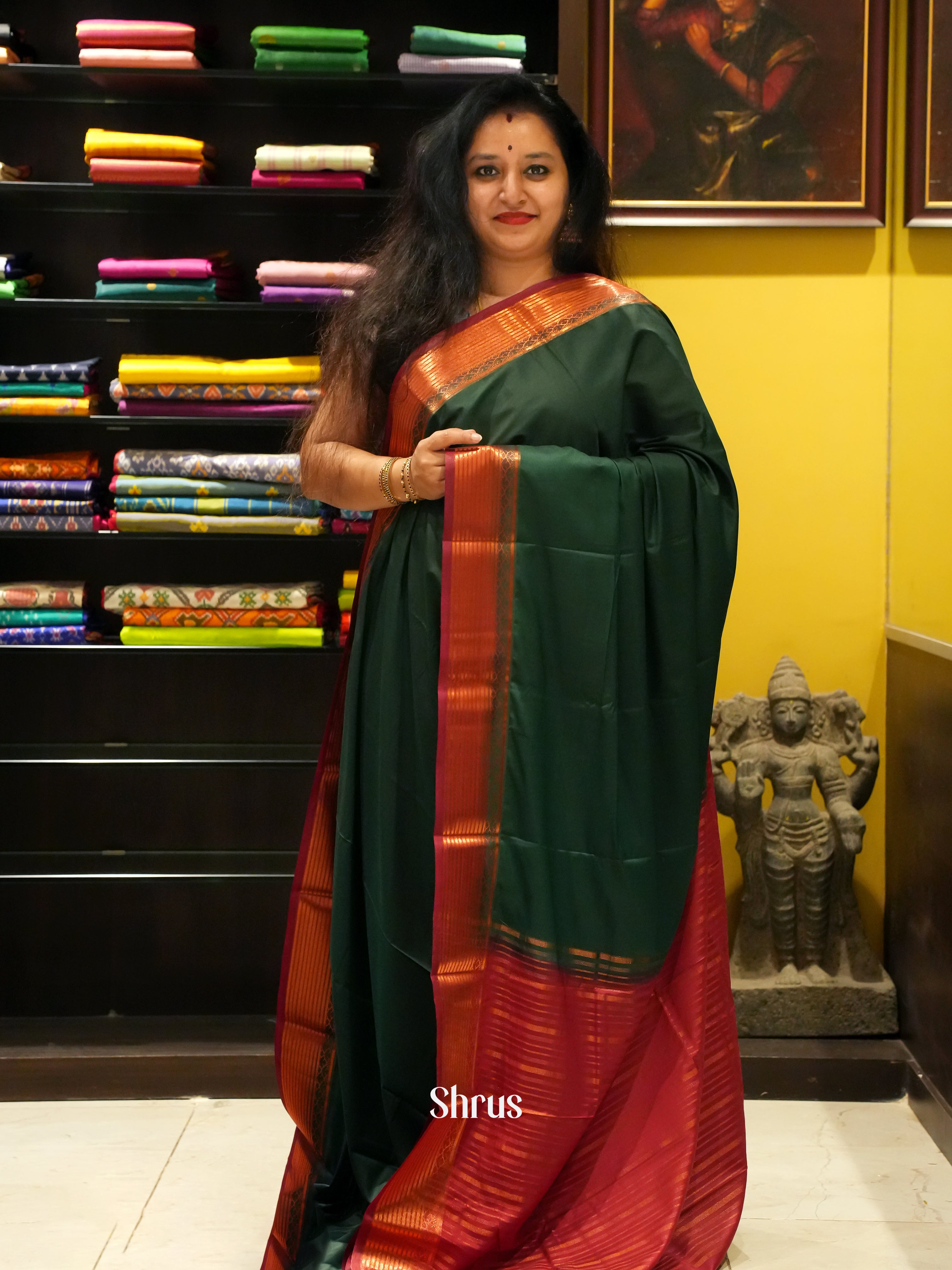 Green & Maroon - Semi Mysoresilk Saree - Shop on ShrusEternity.com
