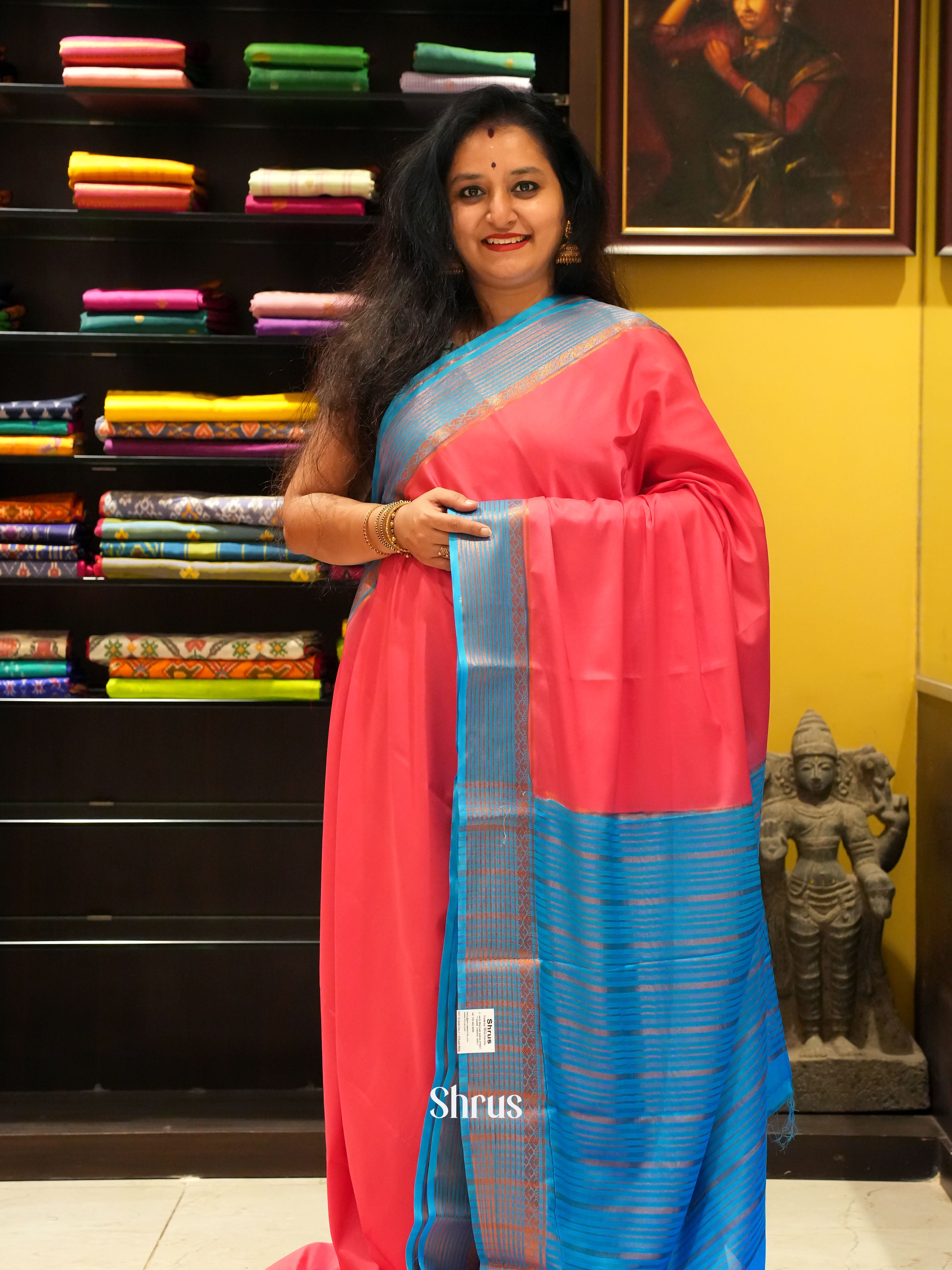 Pink & Blue - Semi Mysore Silk Saree - Shop on ShrusEternity.com