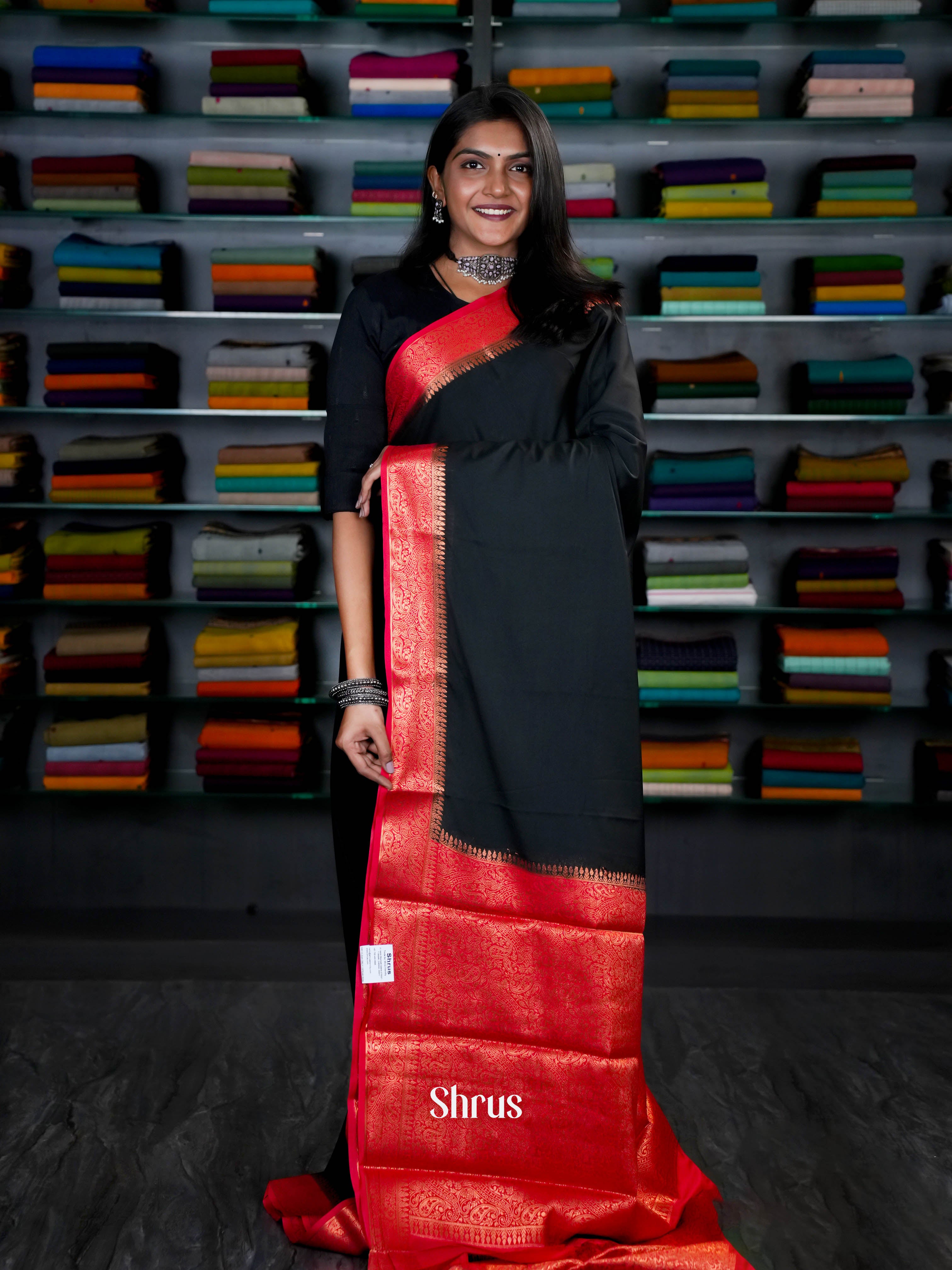 Black & Red - Semi Mysoresilk Saree - Shop on ShrusEternity.com